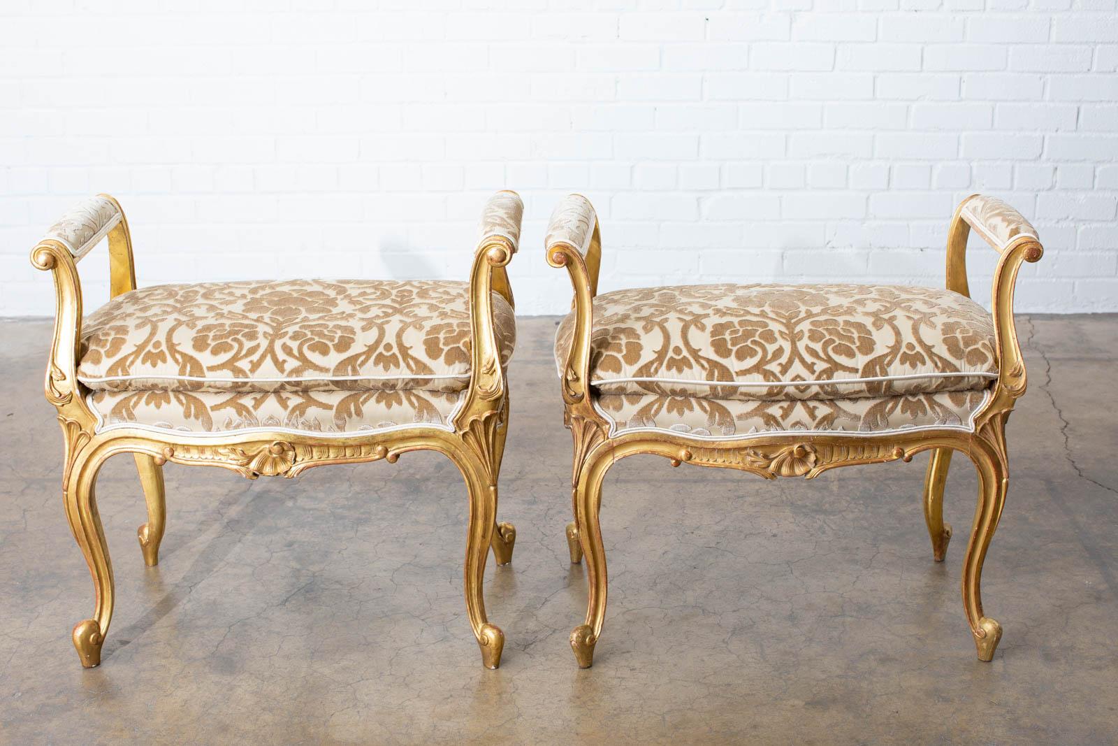 Fabric Pair of French Louis XV Style Giltwood Vanity Benches