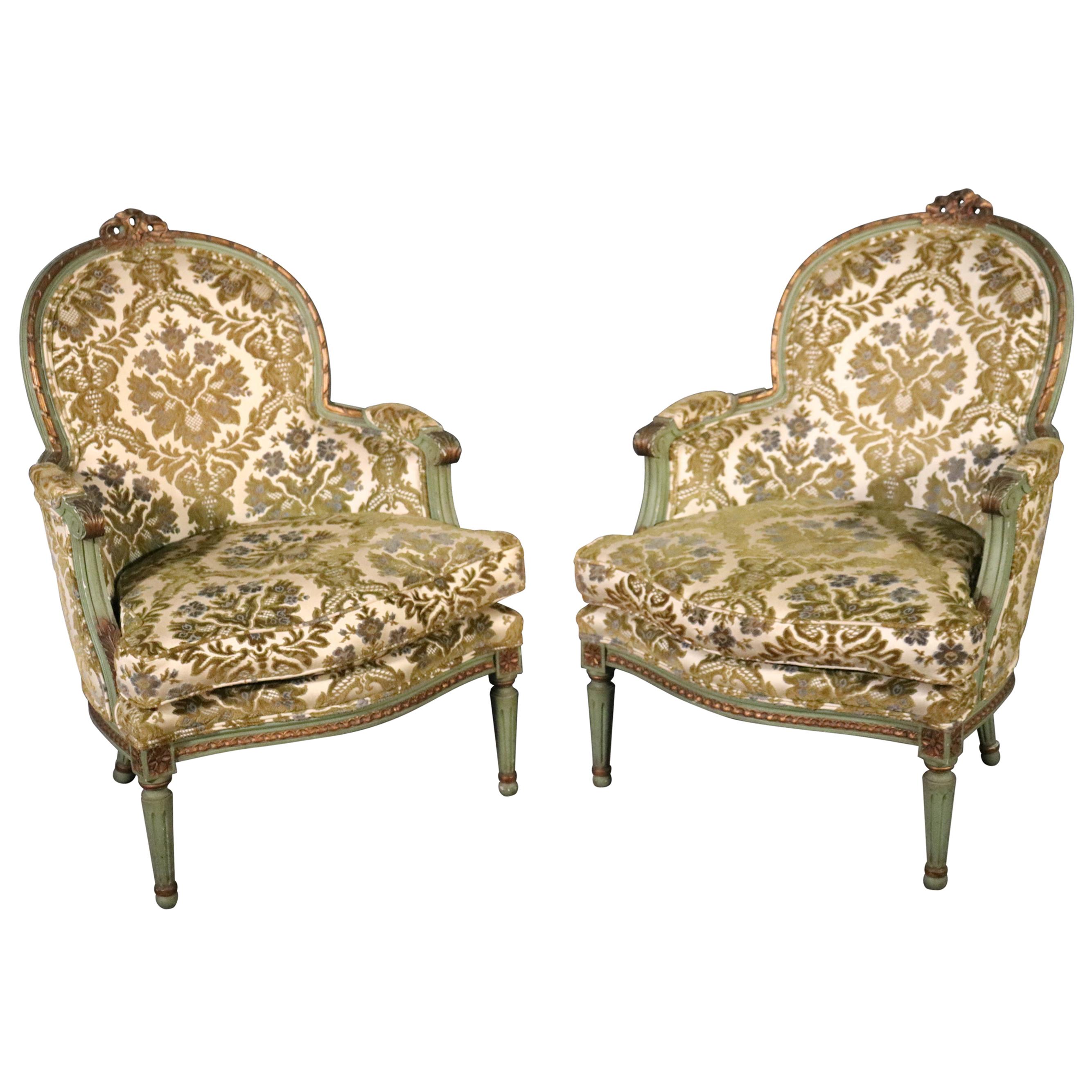 Pair of French Louis XV Style Green Painted Bergere Chairs, Circa 1950s