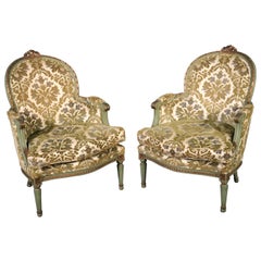 Pair of French Louis XV Style Green Painted Bergere Chairs, Circa 1950s