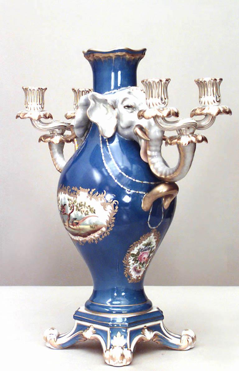 Hungarian Pair of French Louis XV Style Blue Vases with Candelabra Arms For Sale