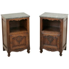 Pair of French Louis XV Style Hand-Carved Oak Nightstands with Marble Top, Niche