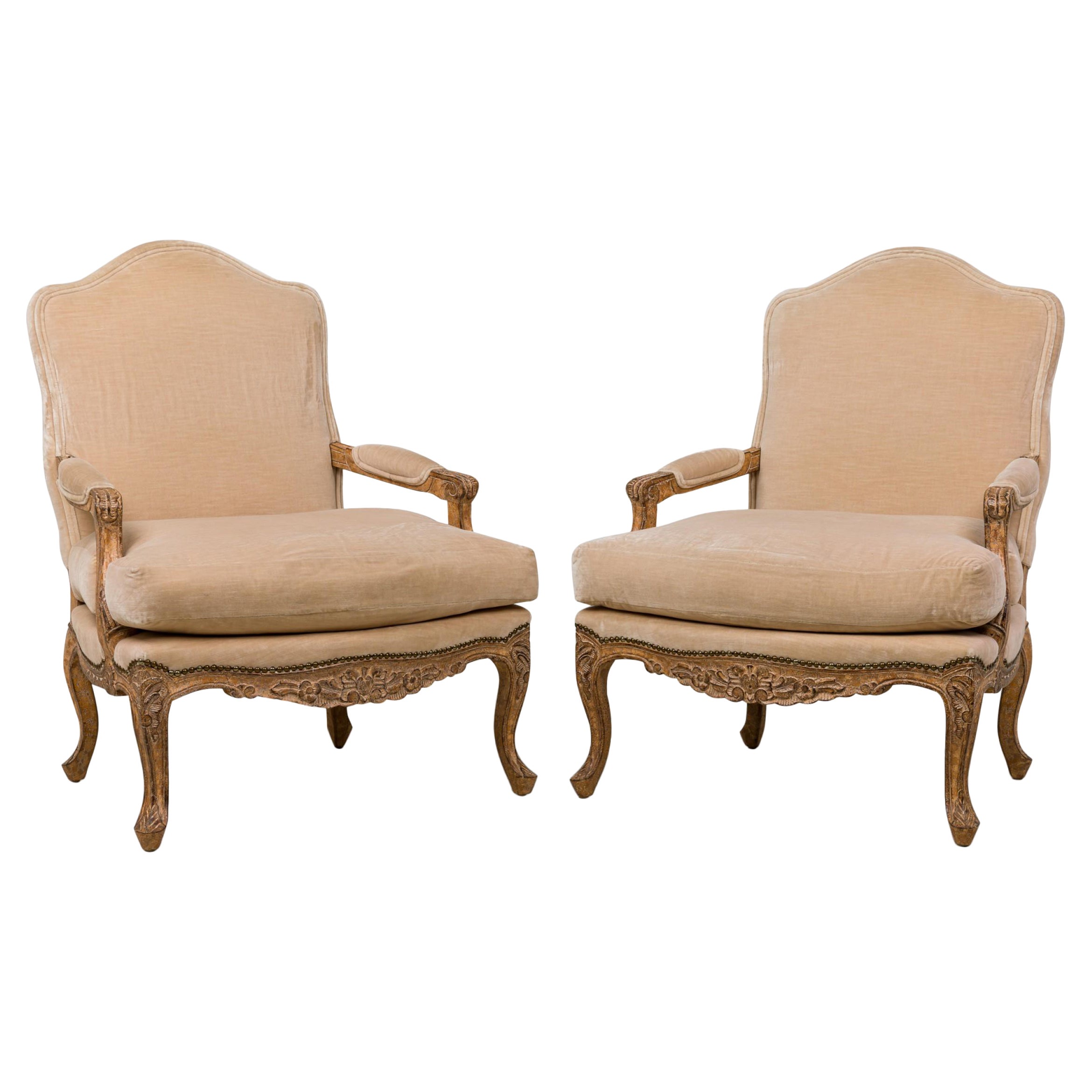 Pair of French Louis XV Style High Back Armchairs with Beige Velvet Upholstery