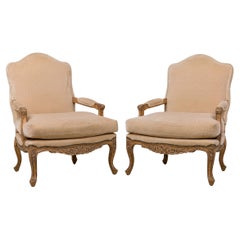 Pair of French Louis XV Style High Back Armchairs with Beige Velvet Upholstery