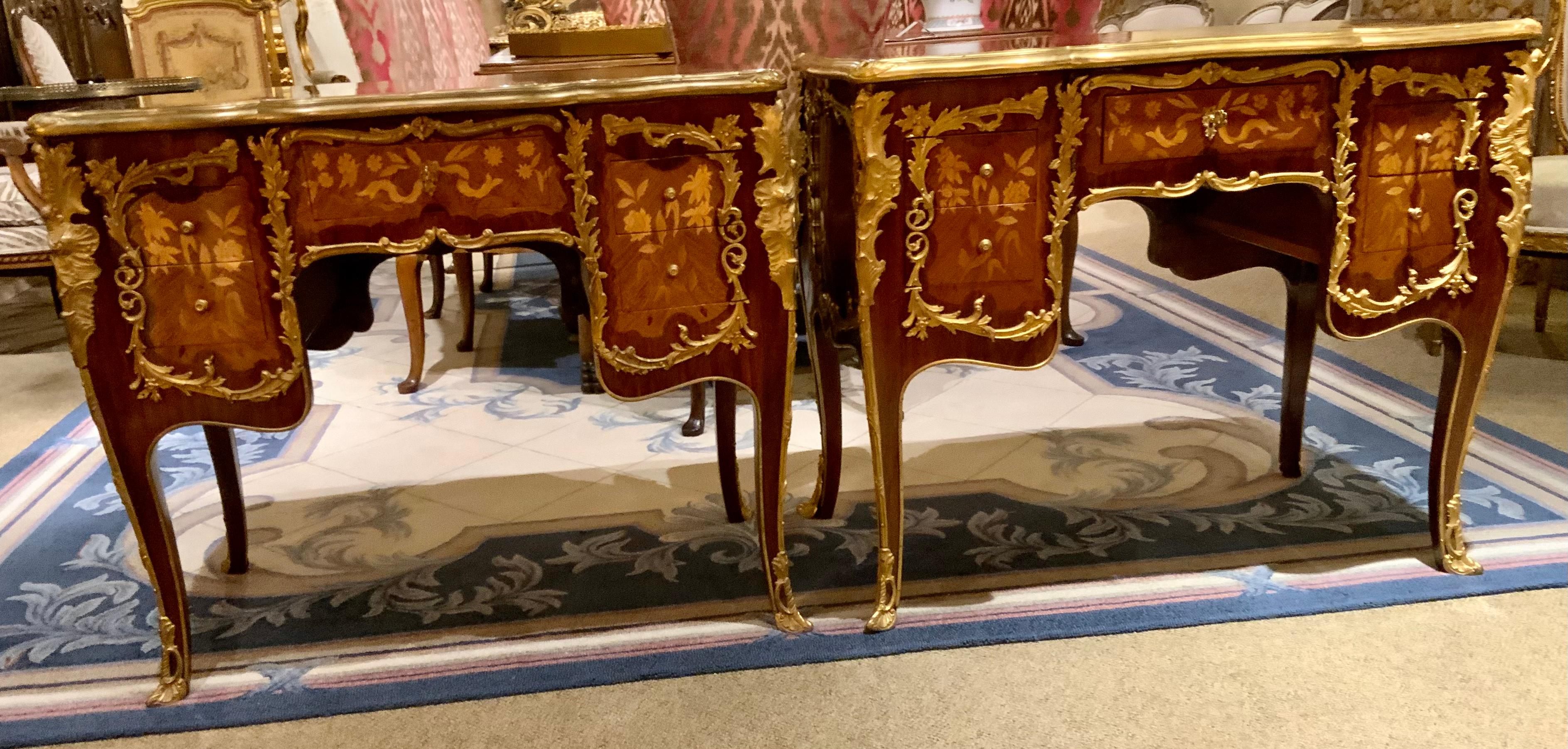 Marquetry Pair of French Louis XV Style Inlaid Cabinets with Gilt Bronze Mounts