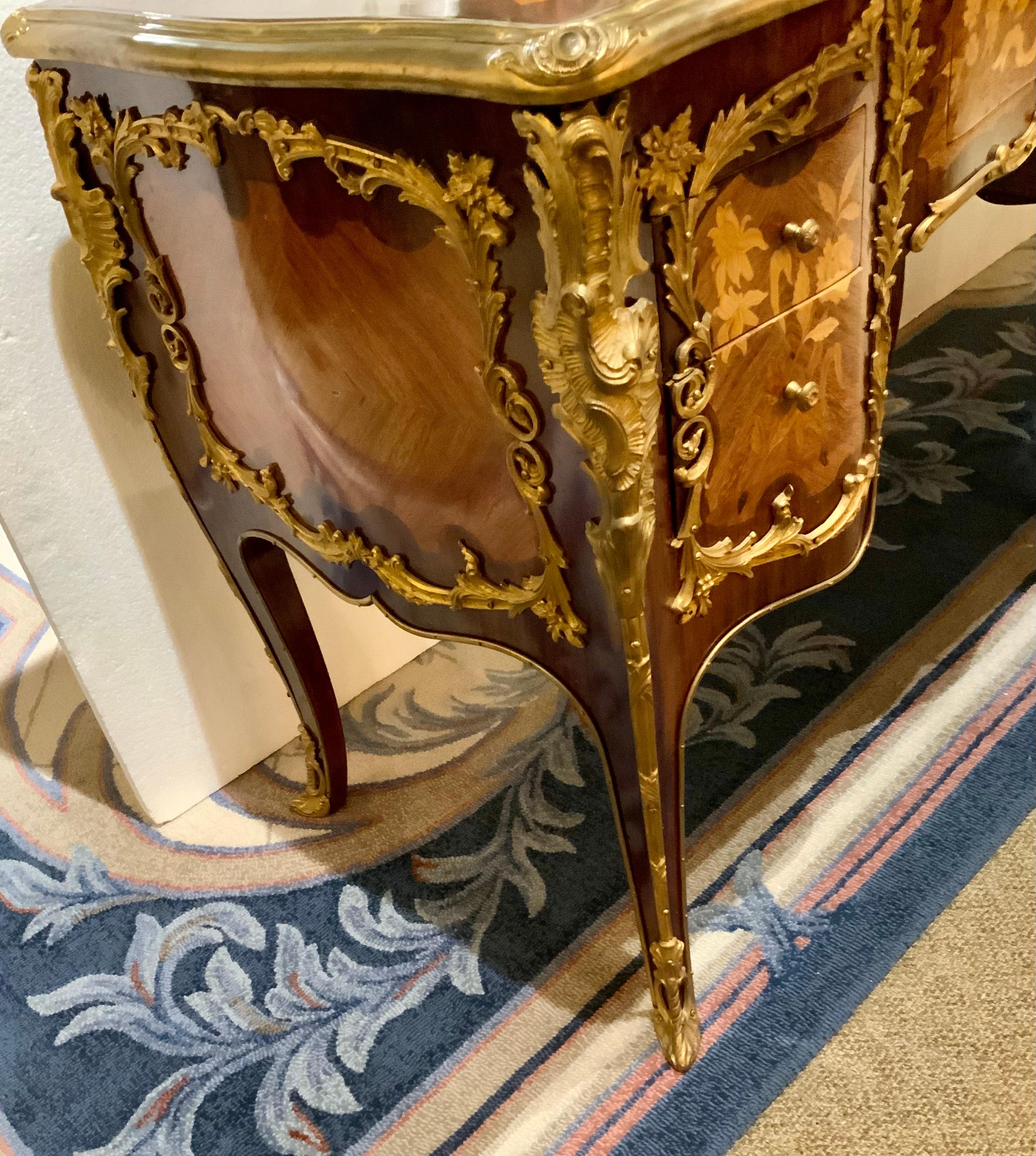 Mahogany Pair of French Louis XV Style Inlaid Cabinets with Gilt Bronze Mounts