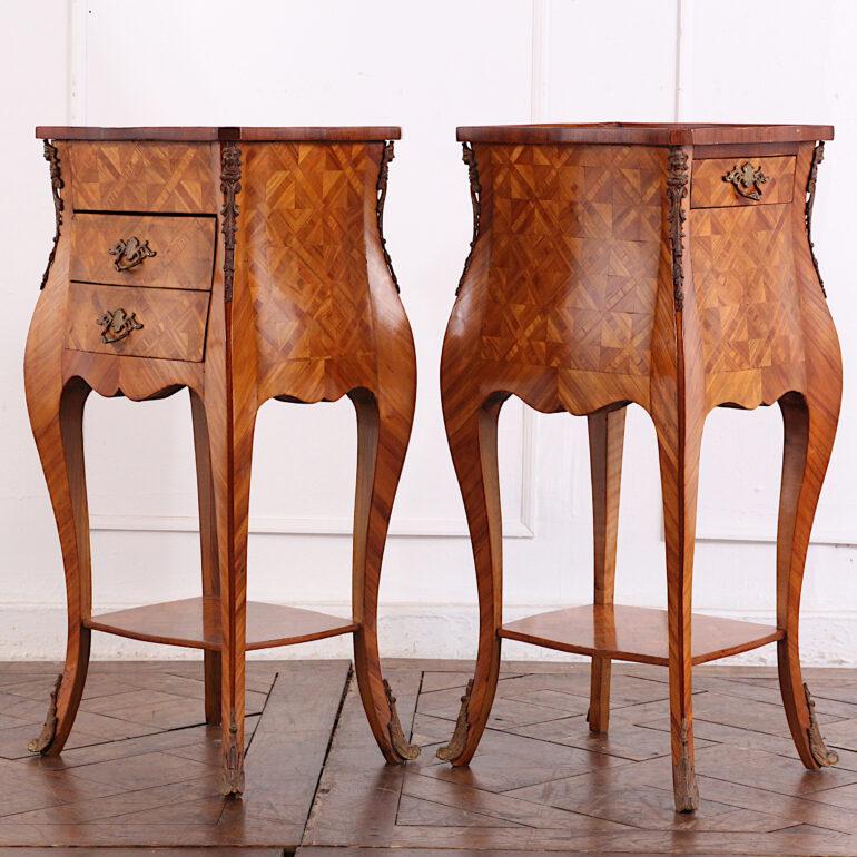 Pair of French Louis XV Style Kingwood Bombe Parquetry Nightstands  1