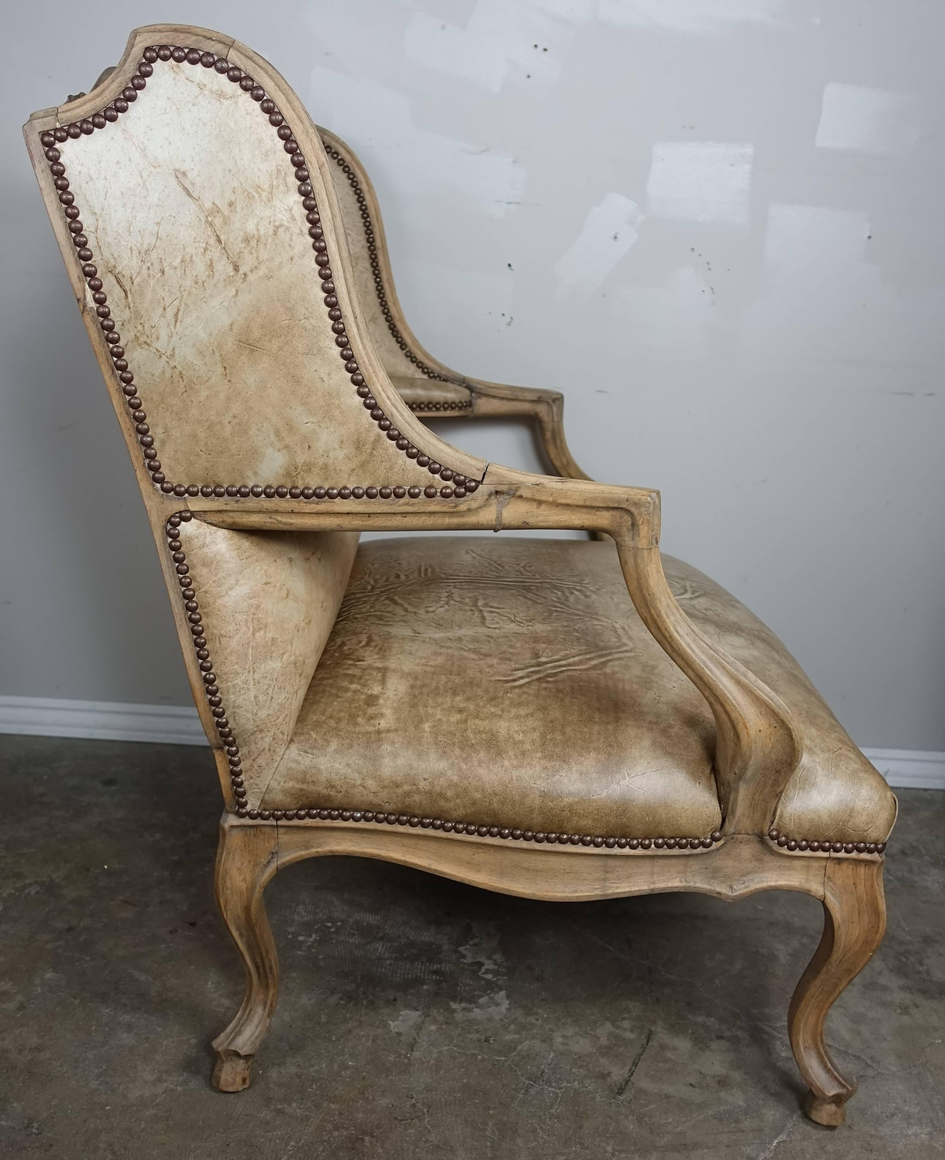 Brass Pair of French Louis XV Style Leather Armchairs