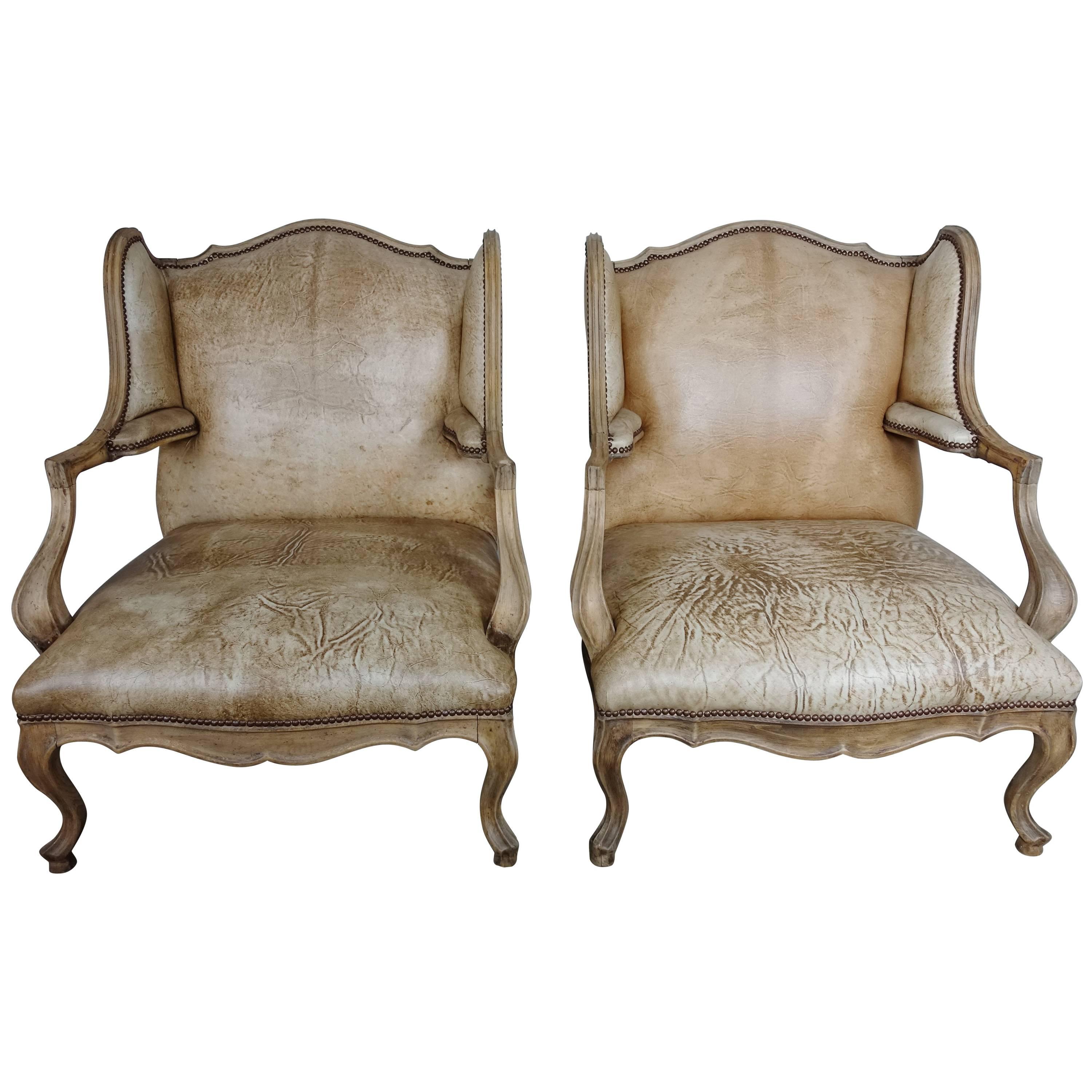 Pair of French Louis XV Style Leather Armchairs