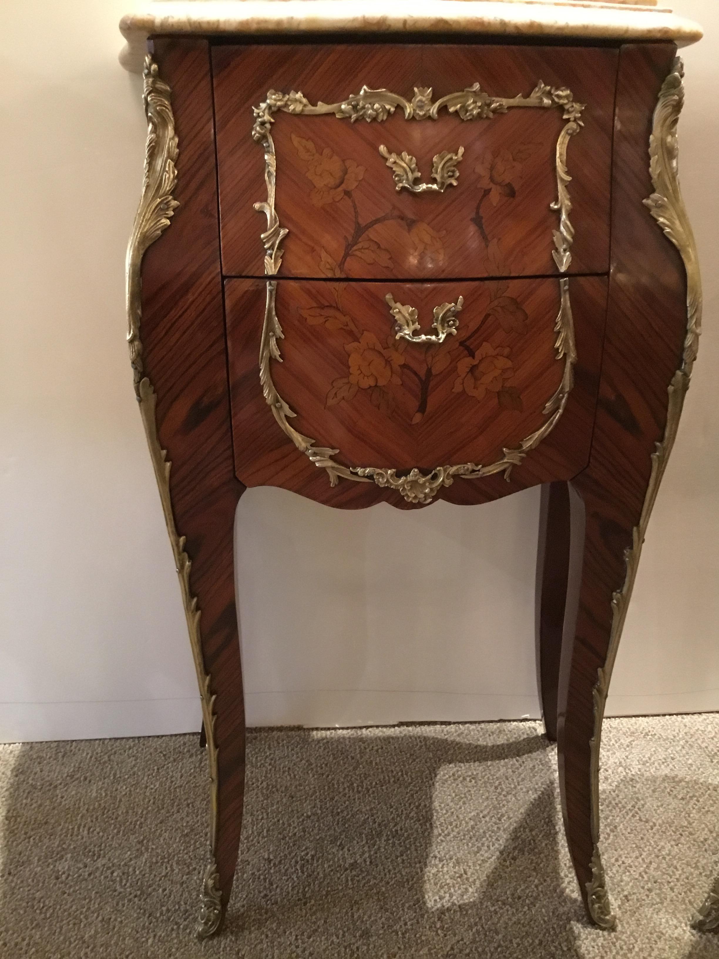 Pair of French Louis XV Style Marble Top Nightstands with Marquetry and Bronze In Good Condition In Houston, TX