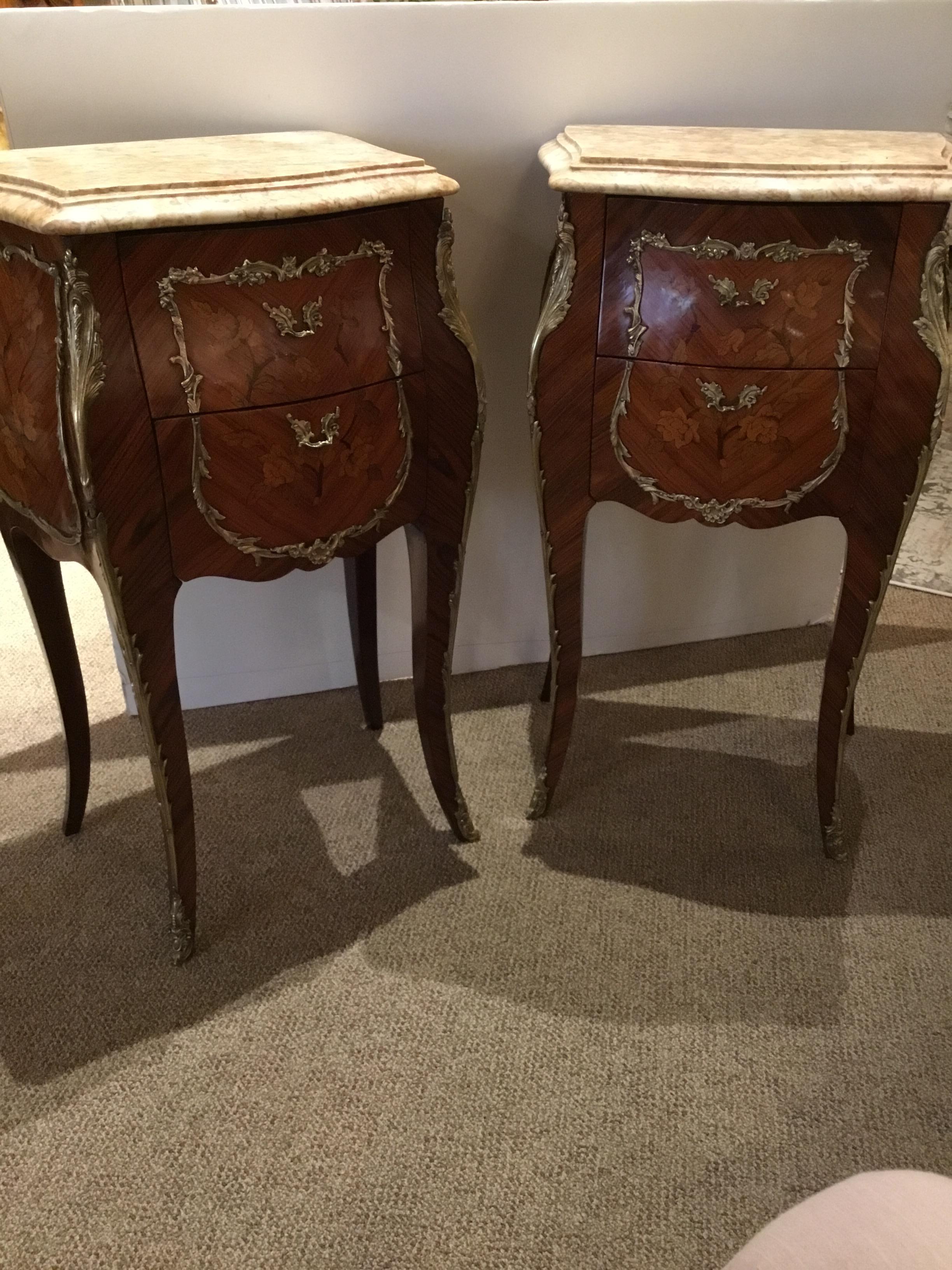 Kingwood Pair of French Louis XV Style Marble Top Nightstands with Marquetry and Bronze