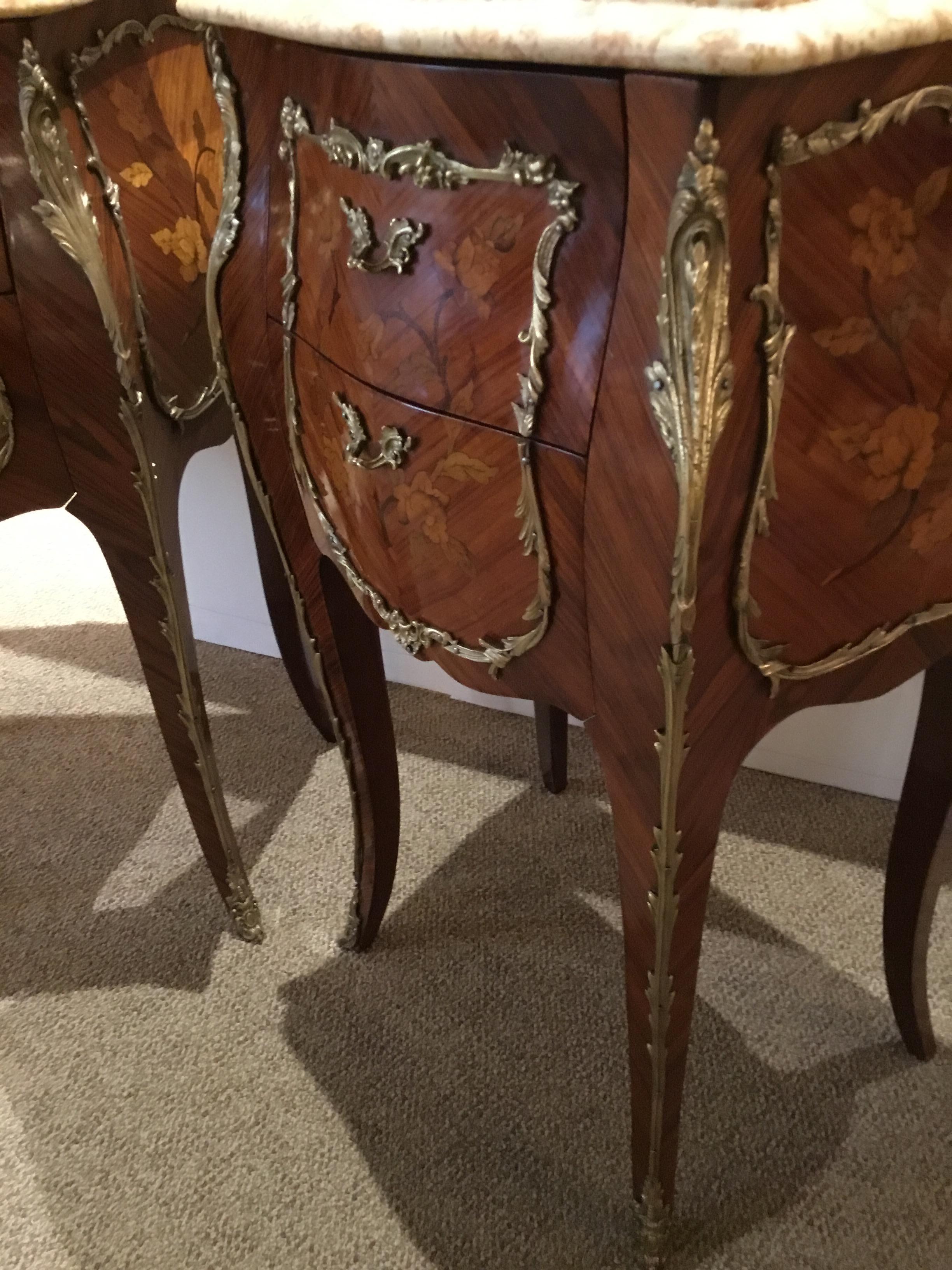 Pair of French Louis XV Style Marble Top Nightstands with Marquetry and Bronze 2