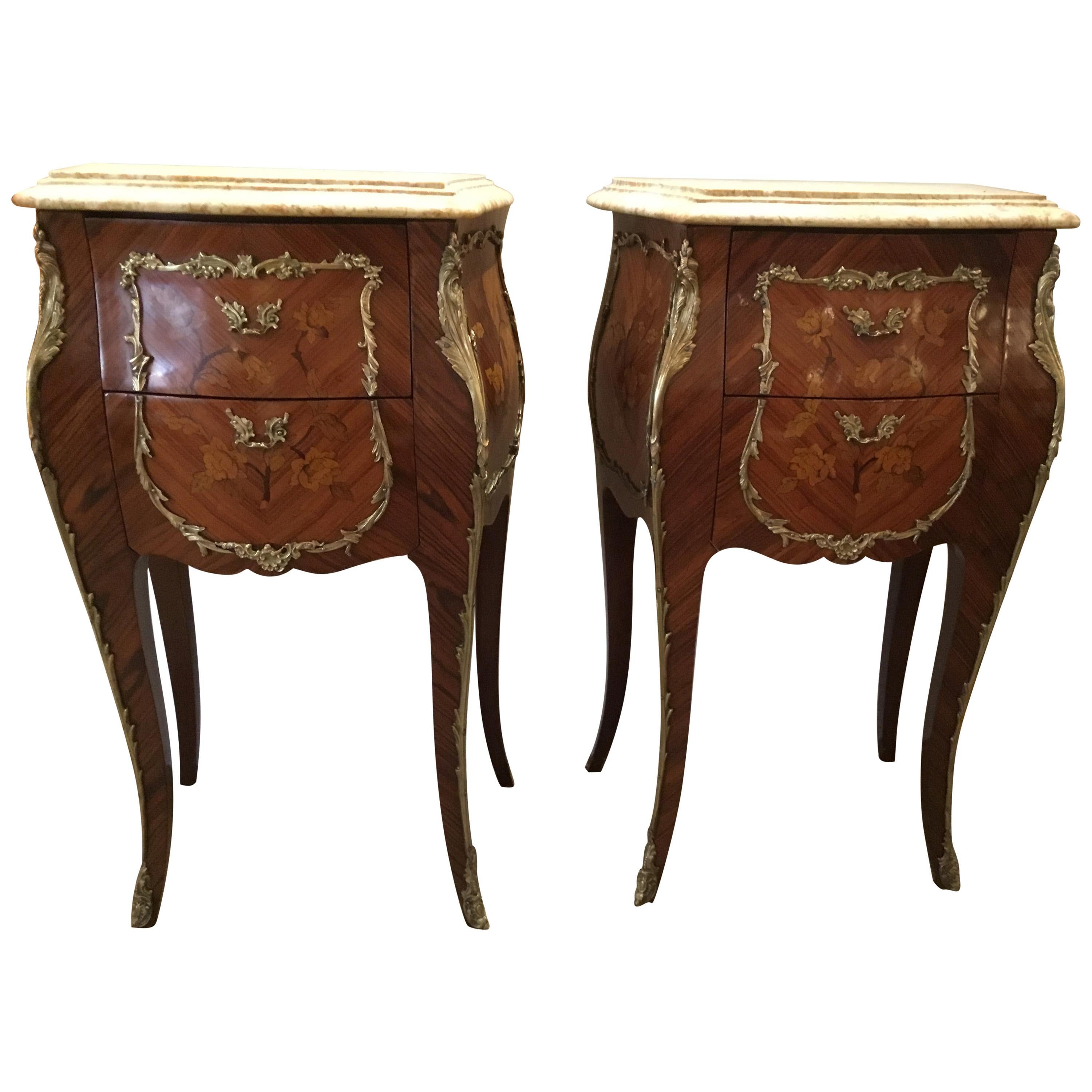 Pair of French Louis XV Style Marble Top Nightstands with Marquetry and Bronze