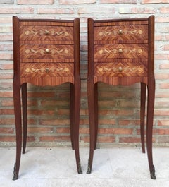 Pair of French Louis XV Style Marquetry Bedside Tables with Three Drawers, 1920s