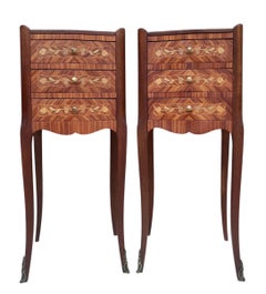 Pair of French Louis XV Style Marquetry Bedside Tables with Three Drawers, 1920s