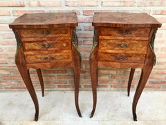 Pair of French Louis XV Style Marquetry Bedside Tables with Three Drawers