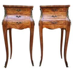 Pair of French Louis XV Style Marquetry Bedside Tables with Three Drawers
