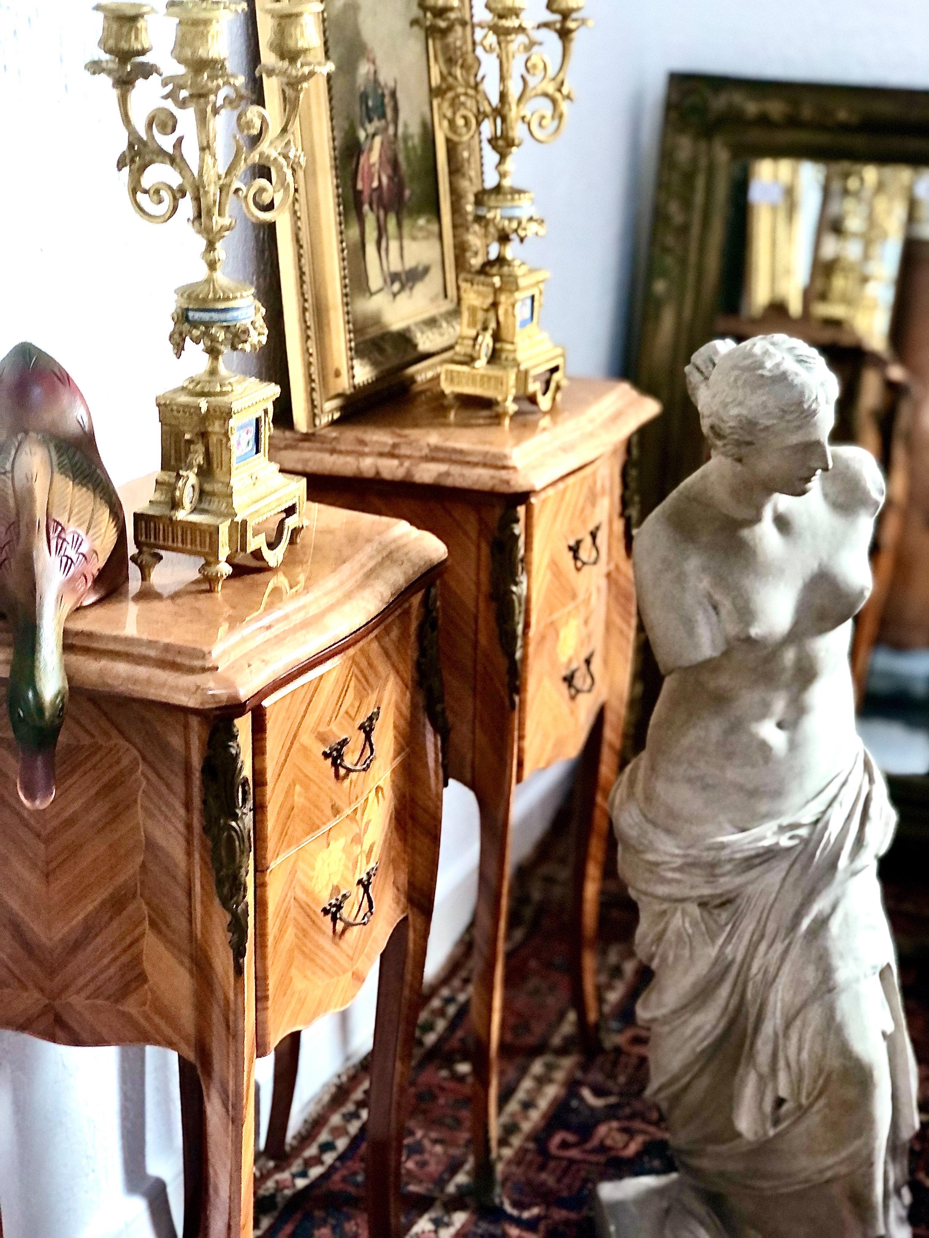 Questa elegante coppia di comodini francesi in stile Luigi XV mette in mostra la raffinata maestria artigianale e il fascino senza tempo dei mobili della fine del XIX e dell'inizio del XX secolo. Ogni pezzo è finemente impiallacciato con intarsi