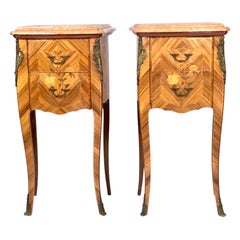 Pair of French Louis XV Style Marquetry Nightstands with Marble Tops