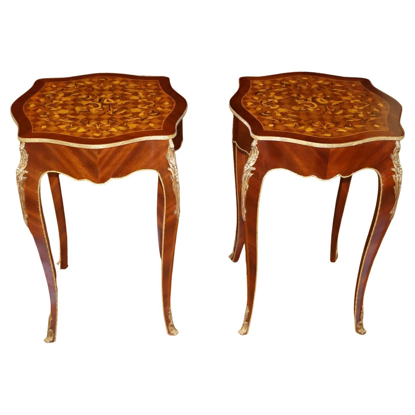 Pair of French Louis XV Style Mixed Wood Inlaid Ormolu End Tables