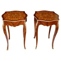 Pair of French Louis XV Style Mixed Wood Inlaid Ormolu End Tables