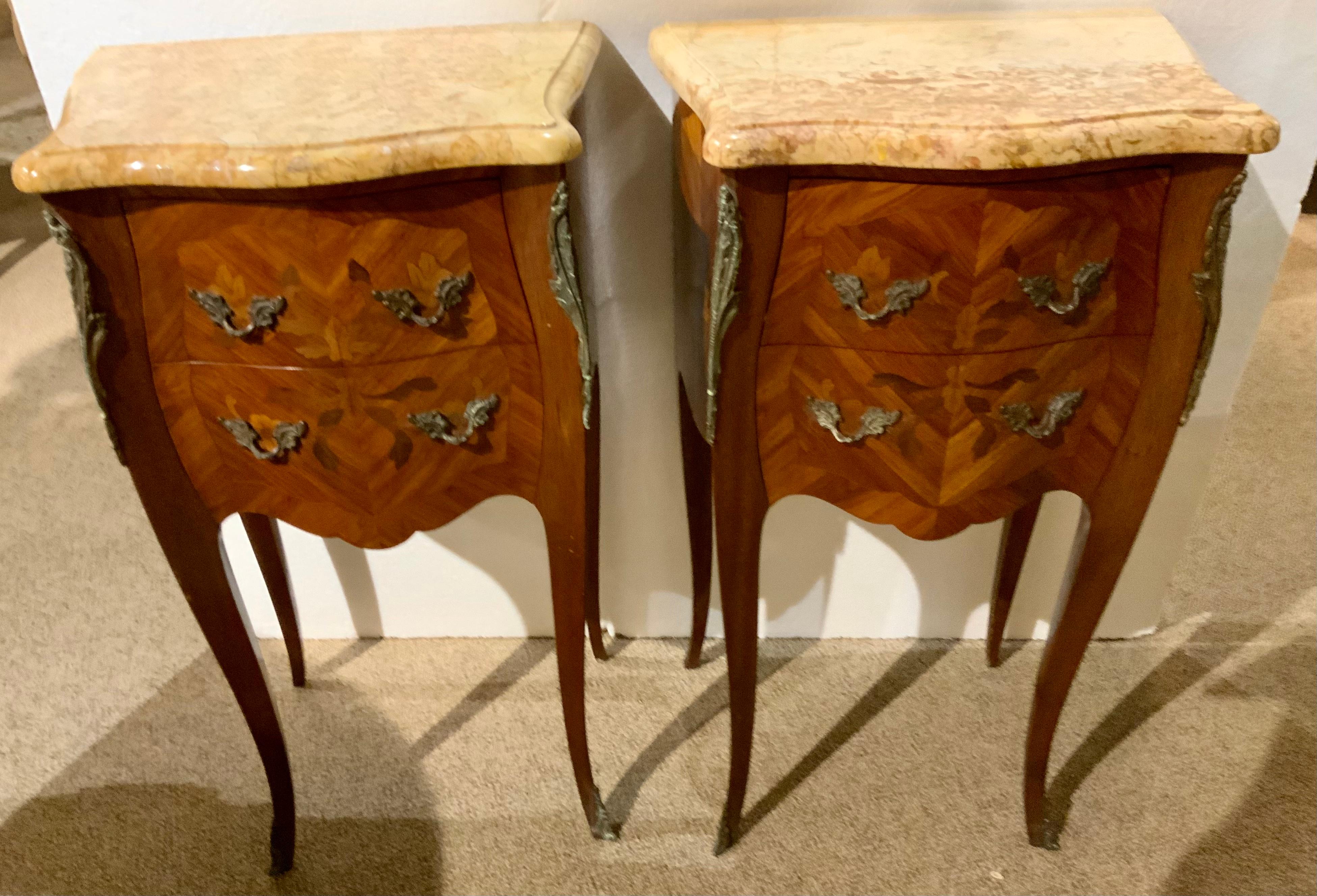 Marquetry Pair of French Louis XV-Style Night Stands with Marble Tops For Sale