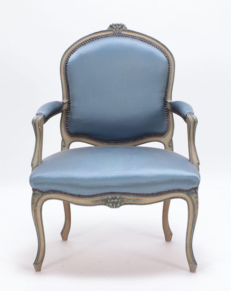 Painted Pair of French Louis XV style open armchairs having carved frames circa 1920. For Sale