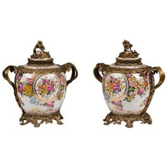 Pair of French Louis XV Style Ormolu and Floral Porcelain Jardiniere Pair of French Louis XV Style Ormolu and Floral Porcelain Jardiniere