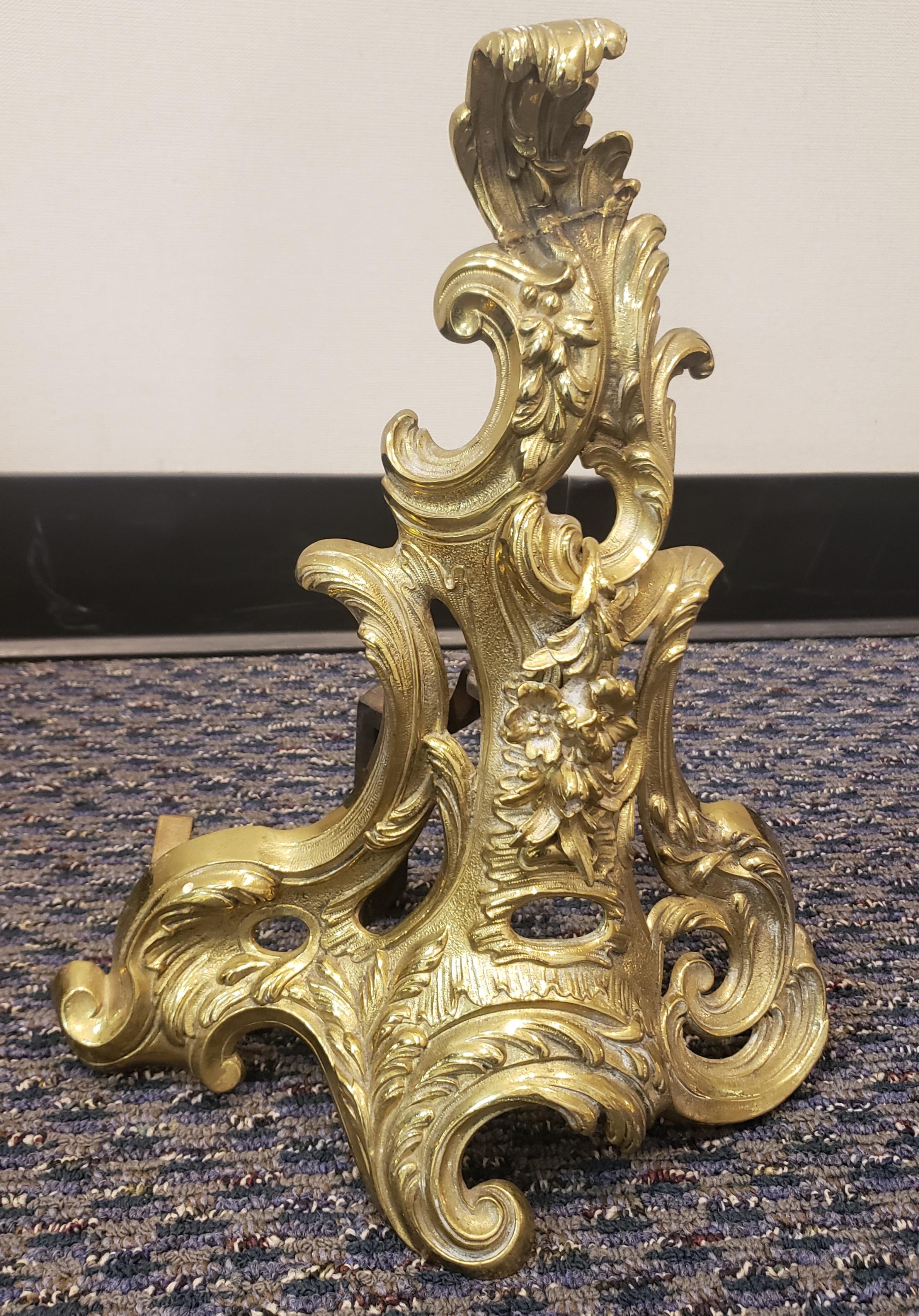 Rococo Revival Pair of French Louis XV Style Ormolu Chenets For Sale