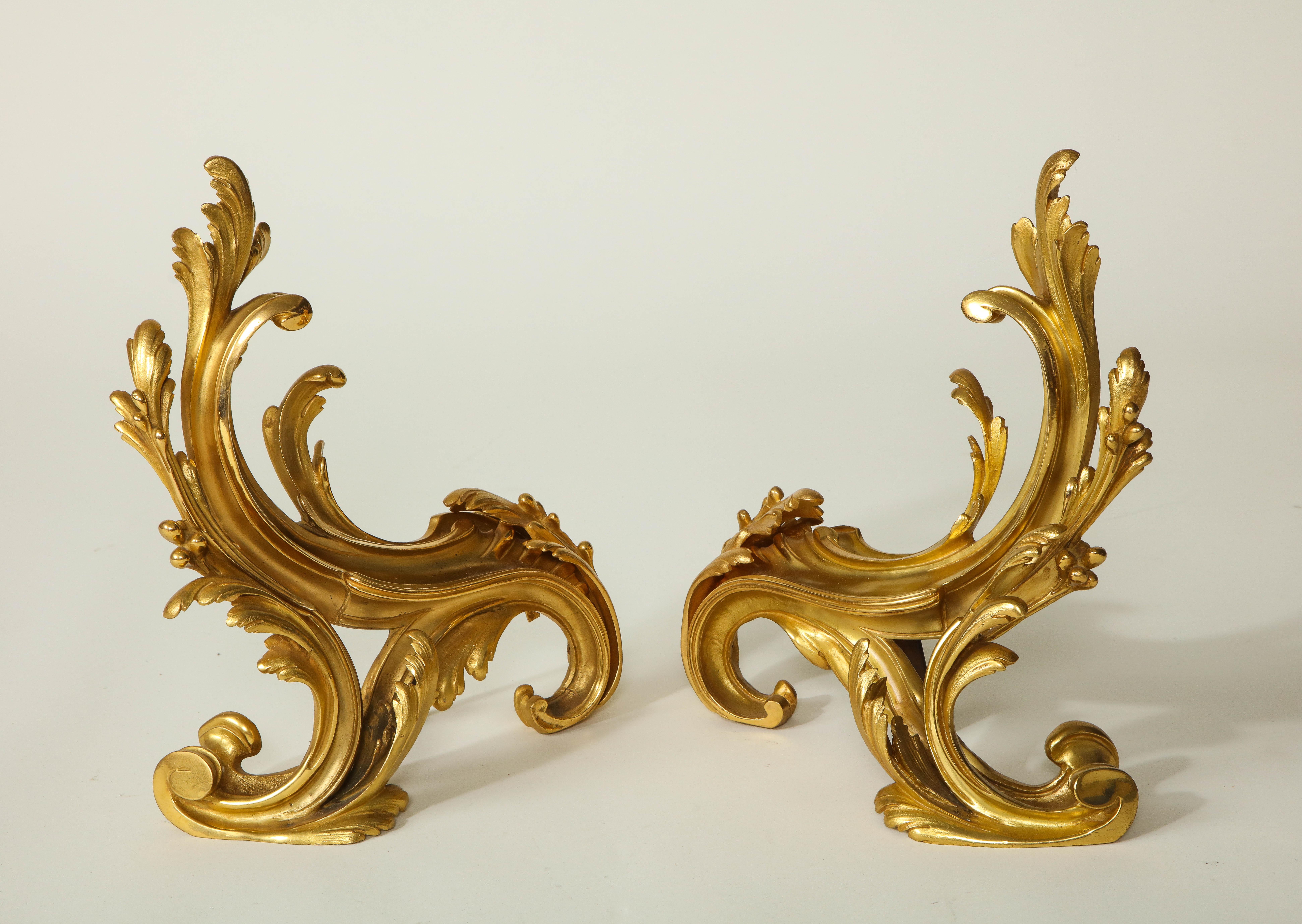 Pair of French Louis XV Style Ormolu Chenets In Good Condition In New York, NY