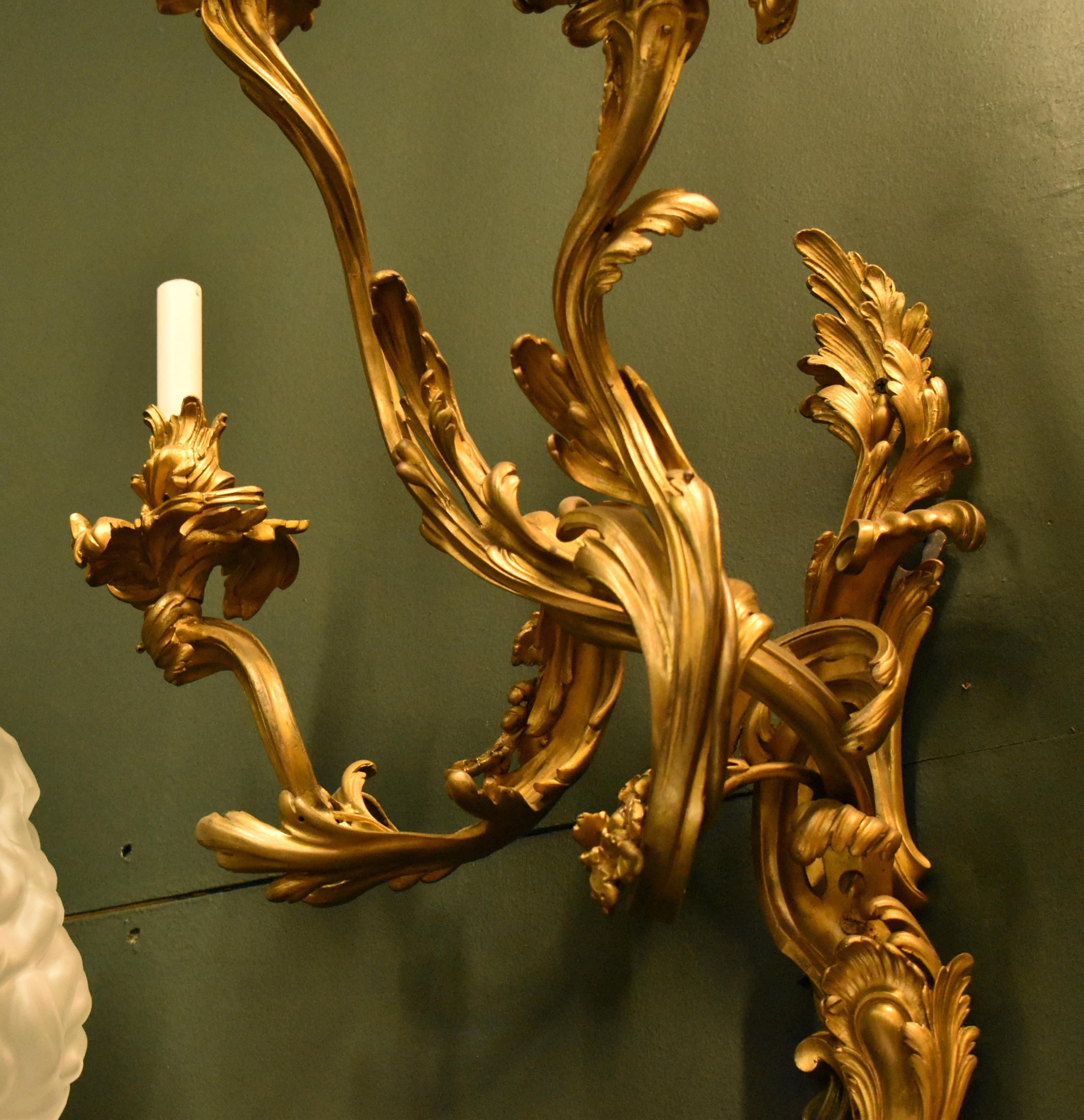 Pair of French Louis XV Style Ormolu Sconces, 19th Century In Good Condition In Cypress, CA