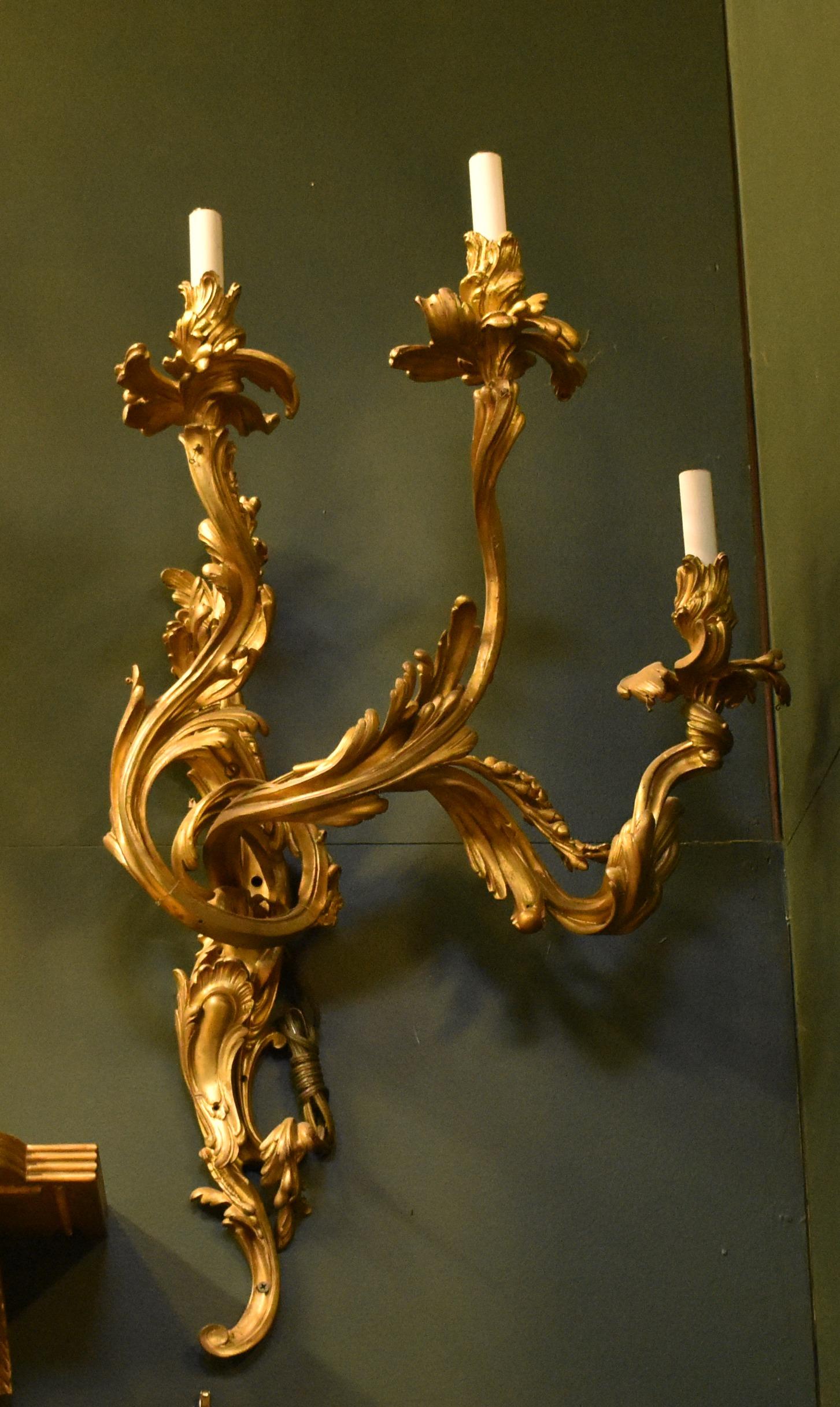 Bronze Pair of French Louis XV Style Ormolu Sconces, 19th Century