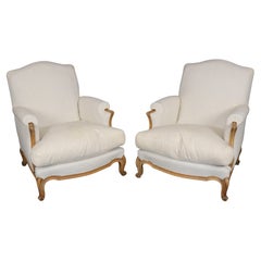 Pair of French Louis XV Style Oversized Upholstered Bergere Chairs C. 1920's