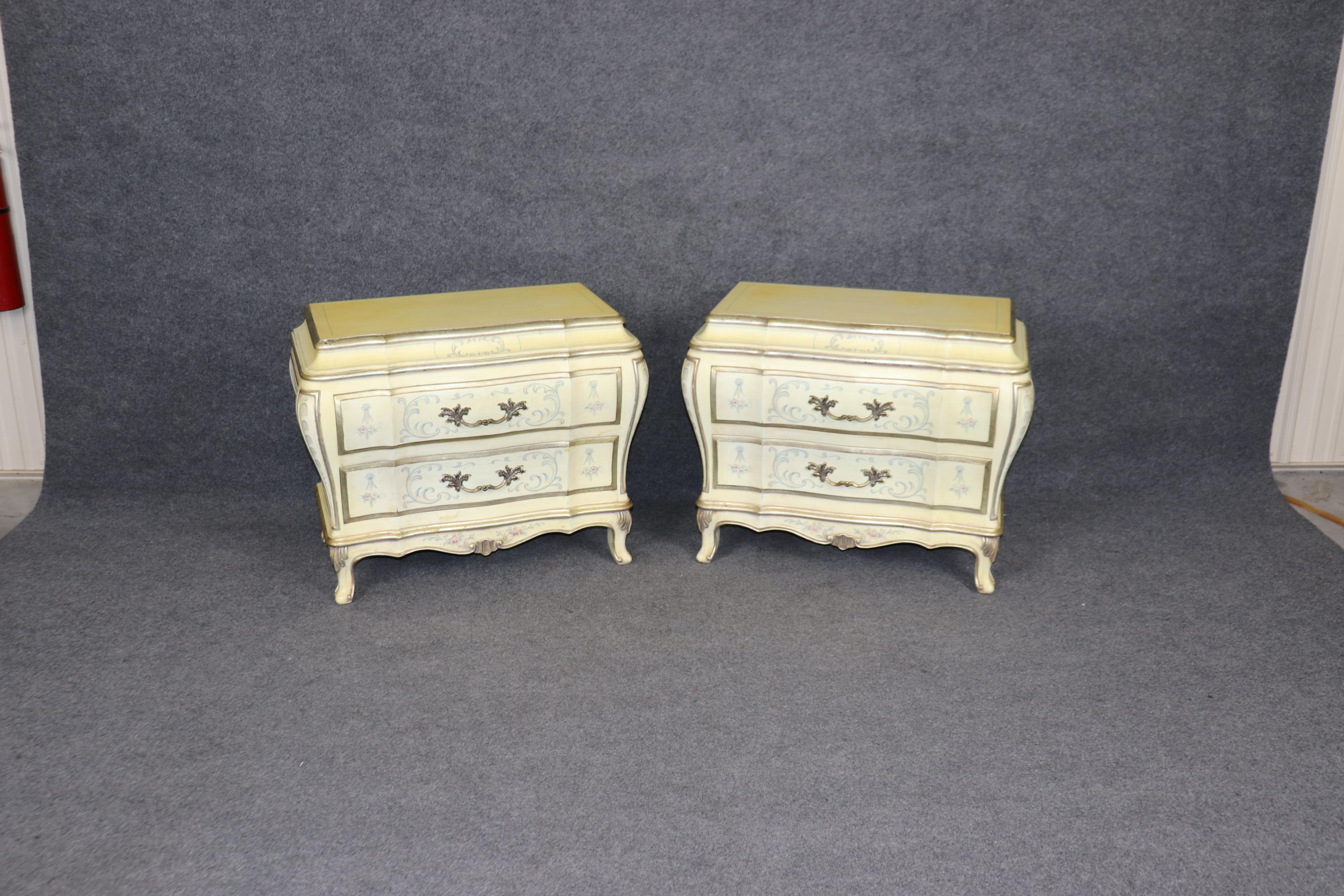 American Pair of French Louis XV Style Paint Decorated Karges Nightstands Circa 1960s Era