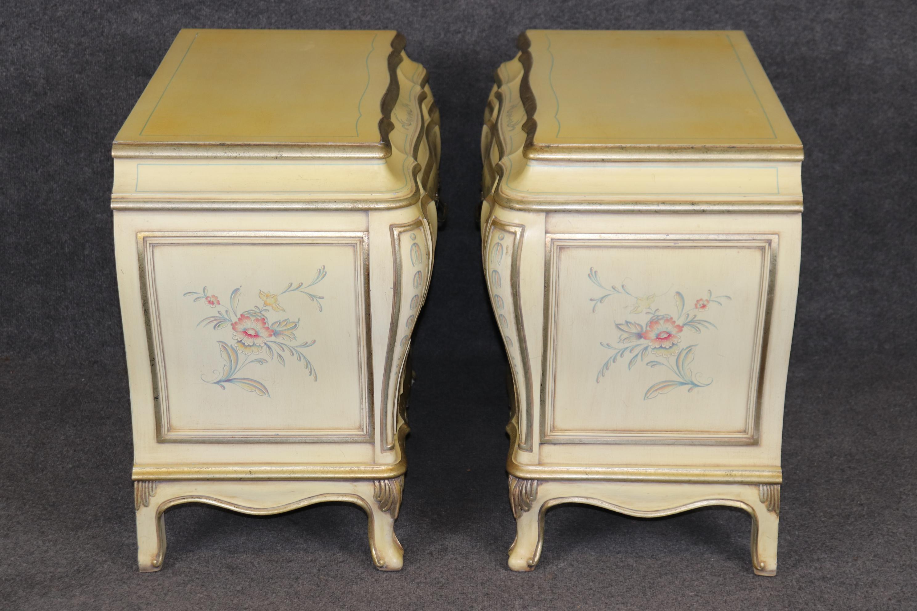 Mid-20th Century Pair of French Louis XV Style Paint Decorated Karges Nightstands Circa 1960s Era