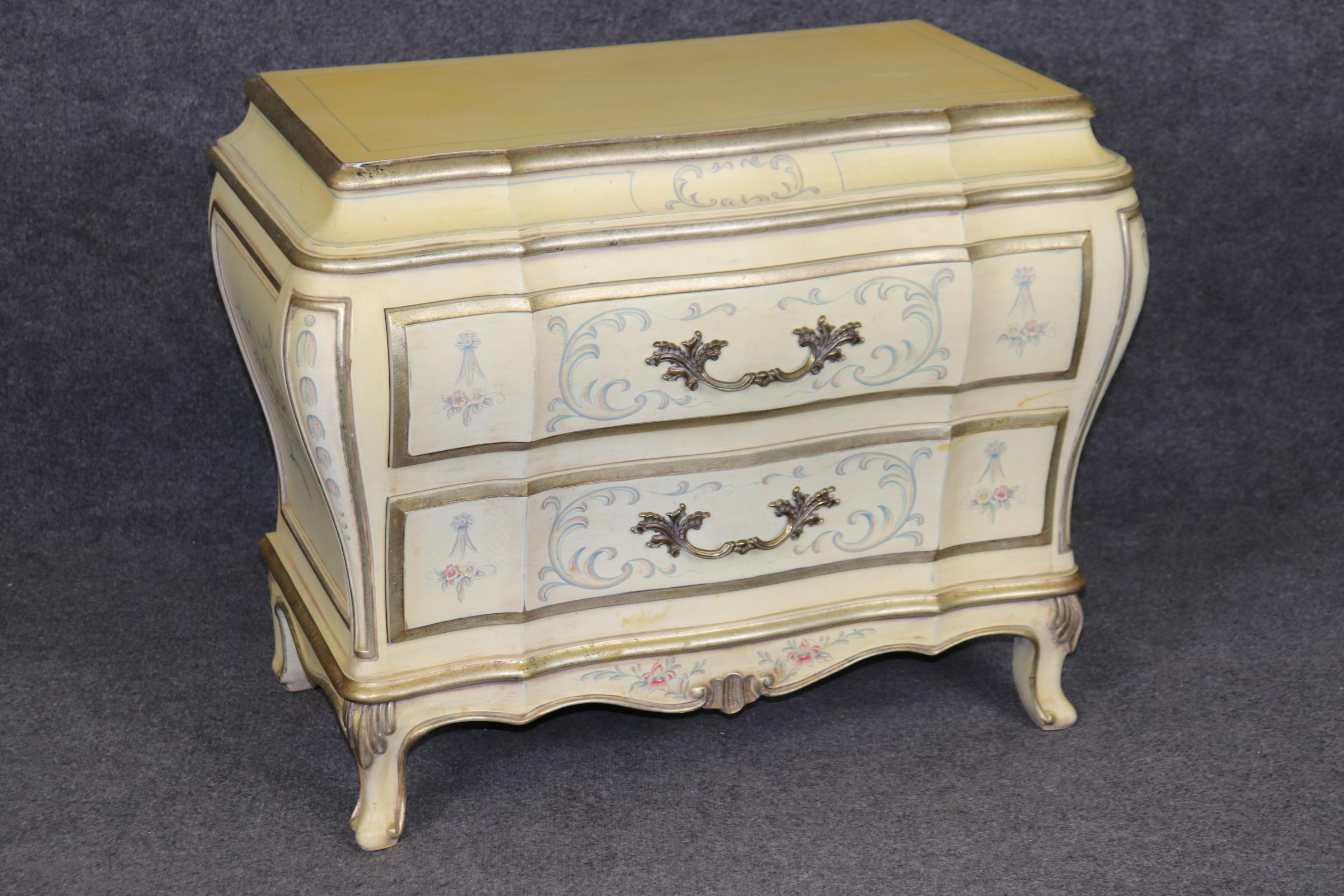 Bronze Pair of French Louis XV Style Paint Decorated Karges Nightstands Circa 1960s Era