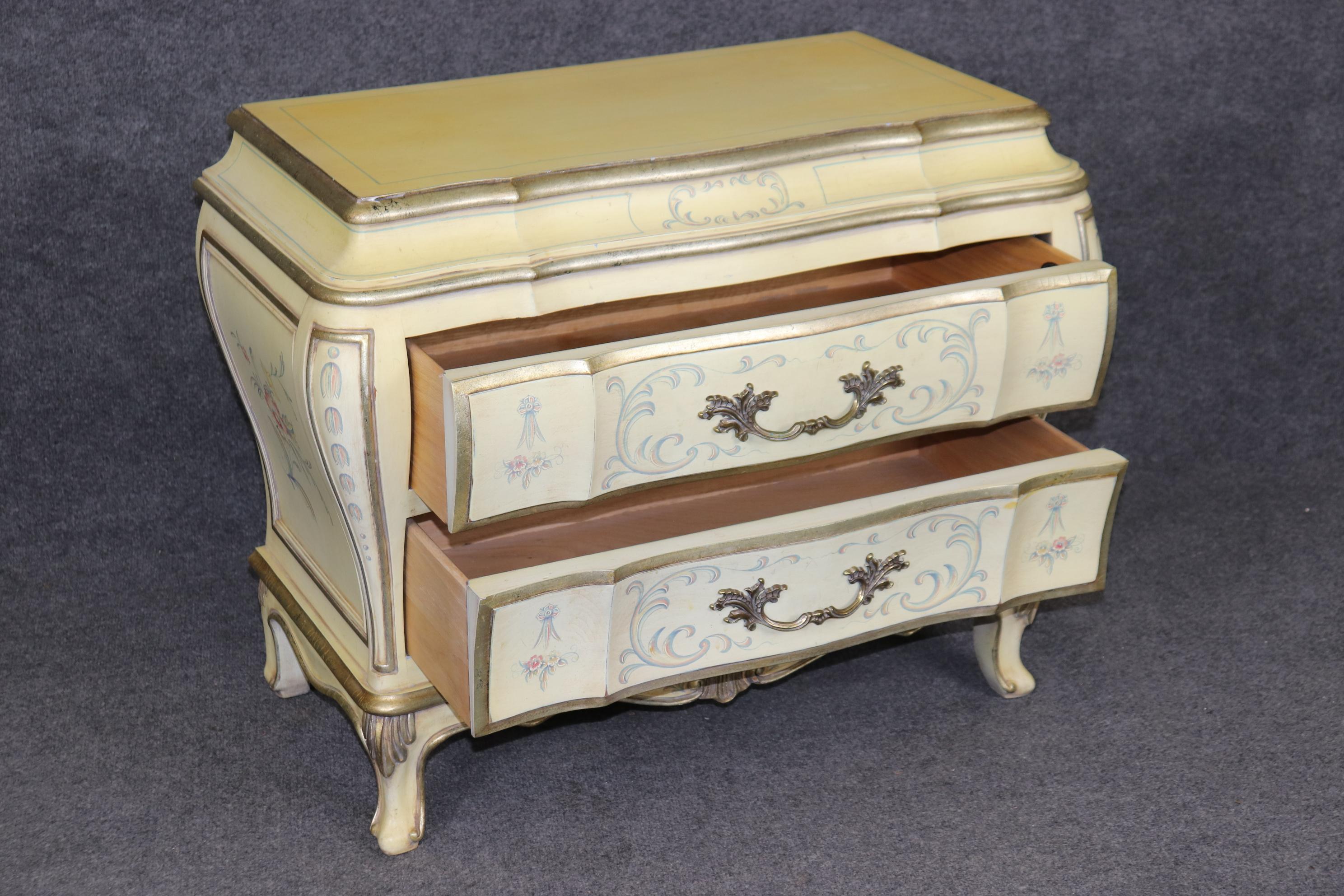 Pair of French Louis XV Style Paint Decorated Karges Nightstands Circa 1960s Era 1