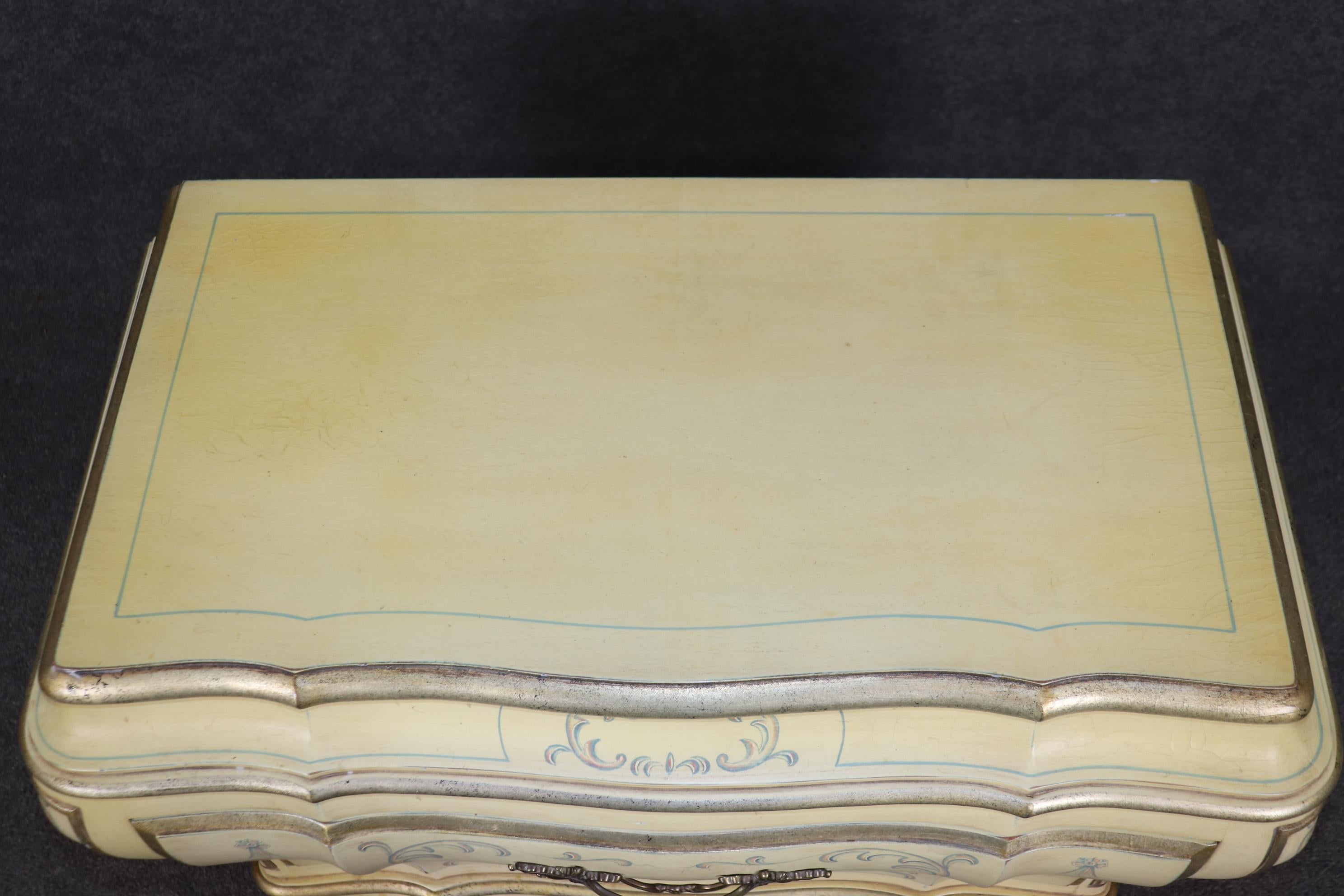 Pair of French Louis XV Style Paint Decorated Karges Nightstands Circa 1960s Era 2