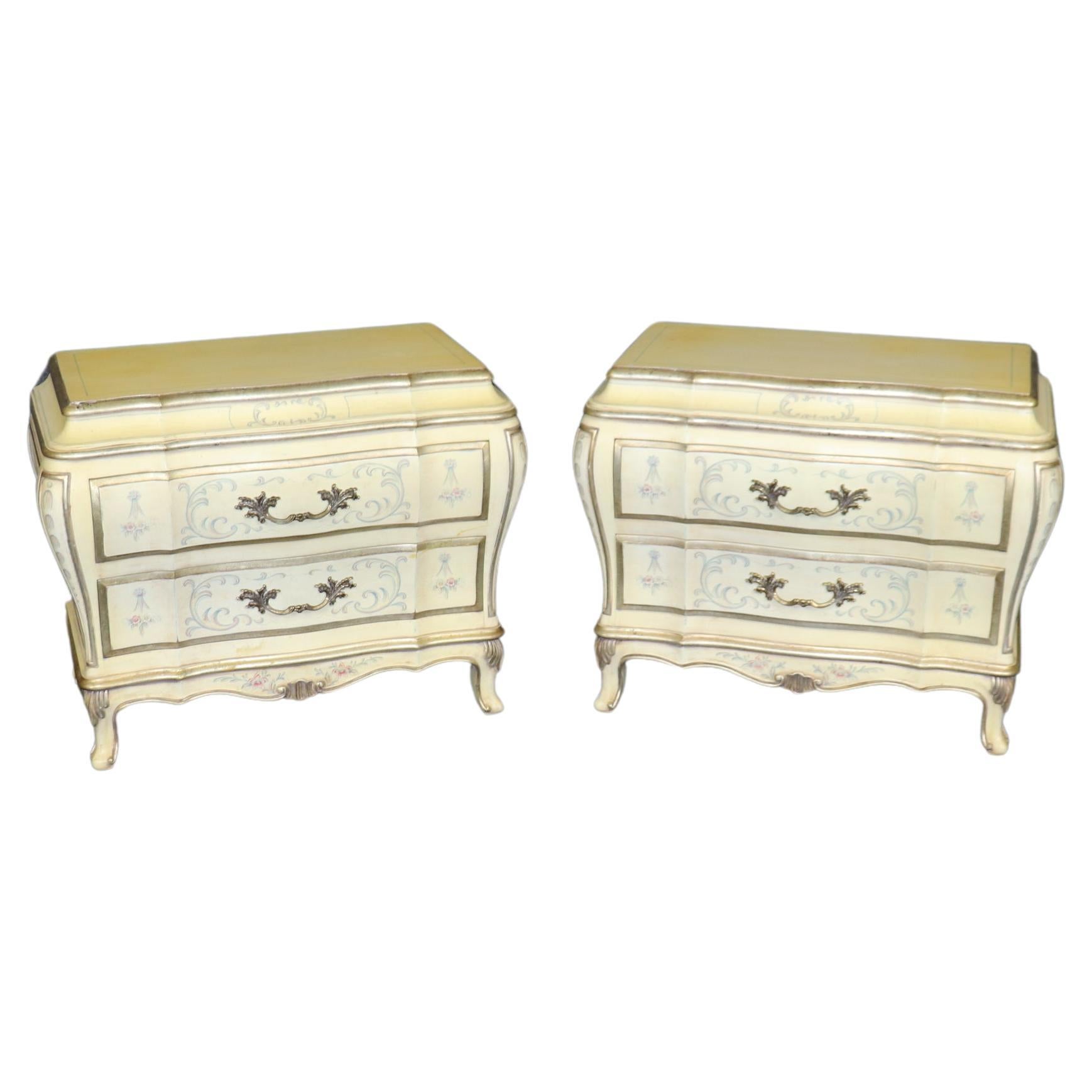 Pair of French Louis XV Style Paint Decorated Karges Nightstands Circa 1960s Era