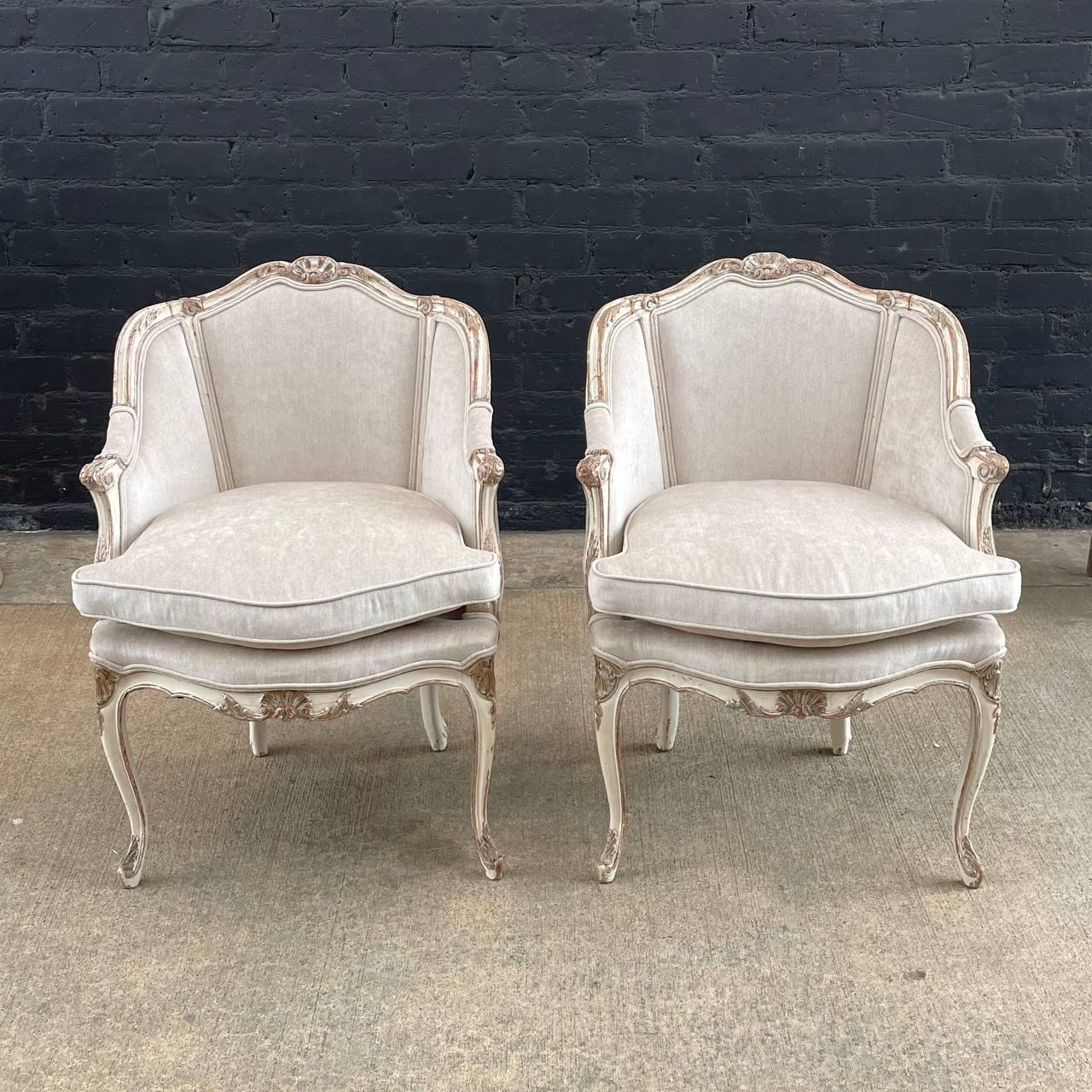 Pair of French Louis XV style Painted and Parcel-Gilt Armchairs

Country: French
Materials: Carved Wood
Condition: Newly Upholstered
Style: French Louis XV
Year: 1940’s

$4,500 pair 

Dimensions:
35.50”H x 25.50”W x 26”D
Seat Height 21“.
