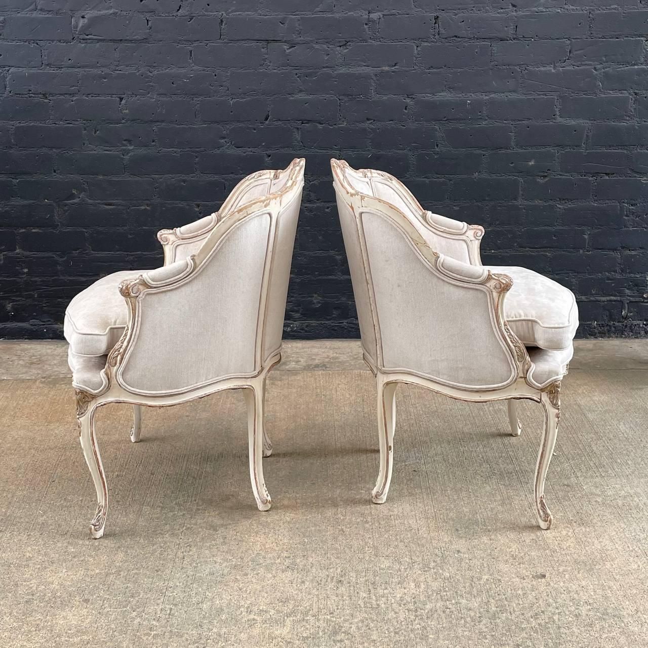 Mid-20th Century Pair of French Louis XV style Painted and Parcel-Gilt Armchairs For Sale