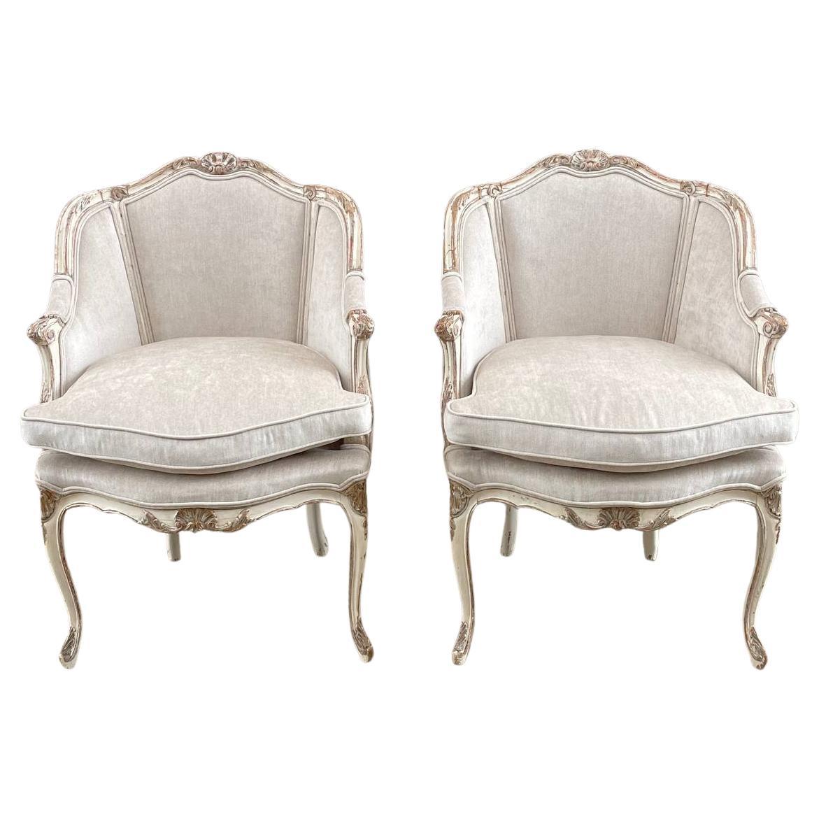 Pair of French Louis XV style Painted and Parcel-Gilt Armchairs For Sale