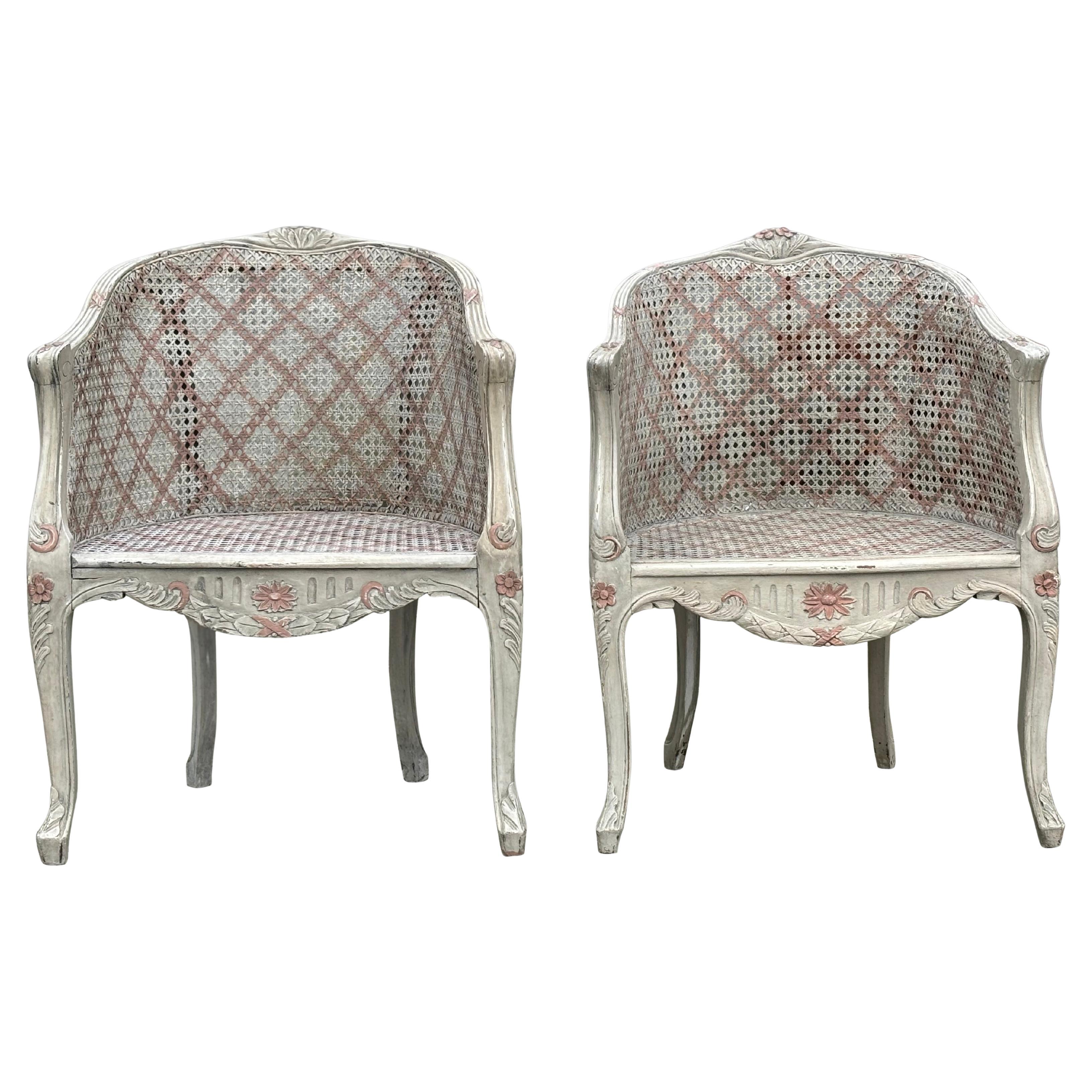 Pair of French Louis XV Style Painted Cane Bergère Armchairs