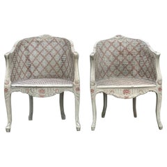 Pair of French Louis XV Style Painted Cane Bergère Armchairs