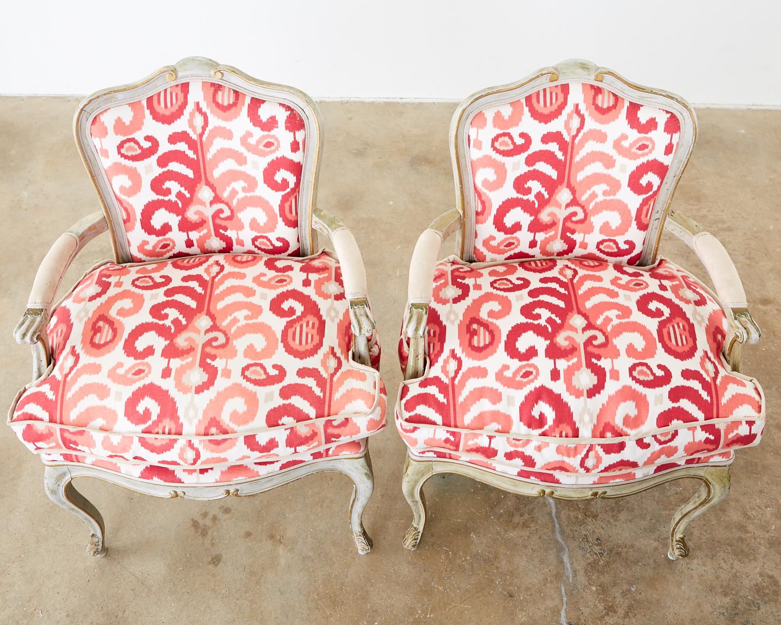 Pair of French Louis XV Style Painted Fauteuil Armchairs 4