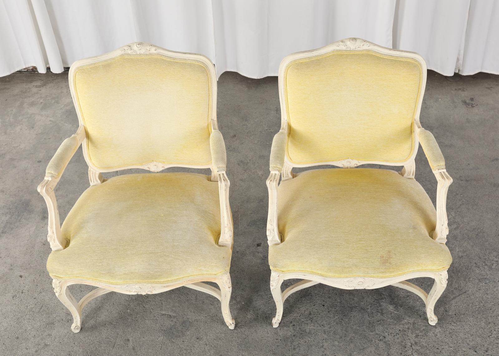 Pair of French Louis XV Style Painted Fauteuil Armchairs For Sale 6