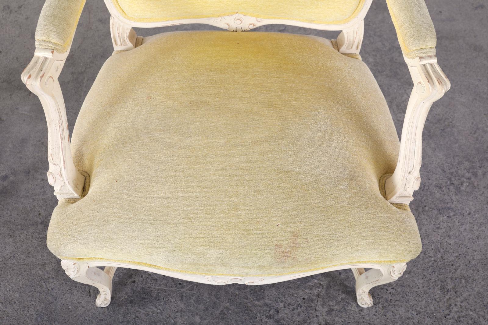 Pair of French Louis XV Style Painted Fauteuil Armchairs For Sale 9