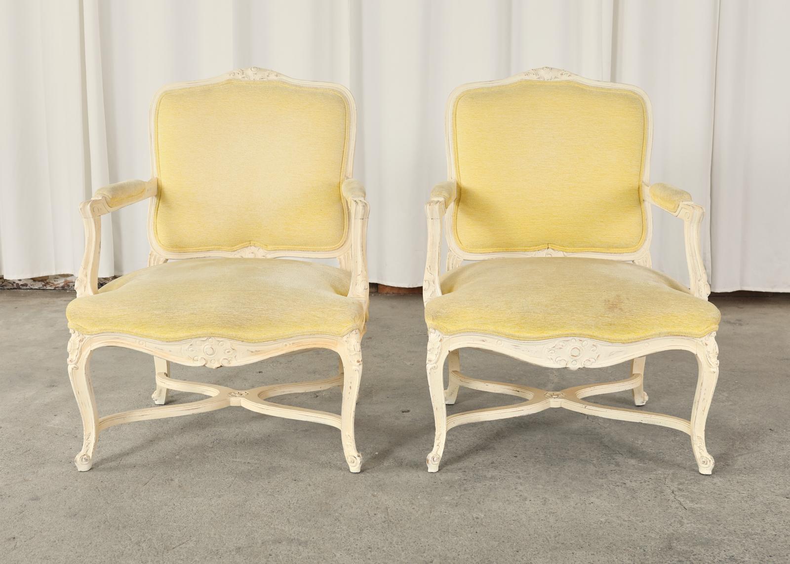 American Pair of French Louis XV Style Painted Fauteuil Armchairs For Sale