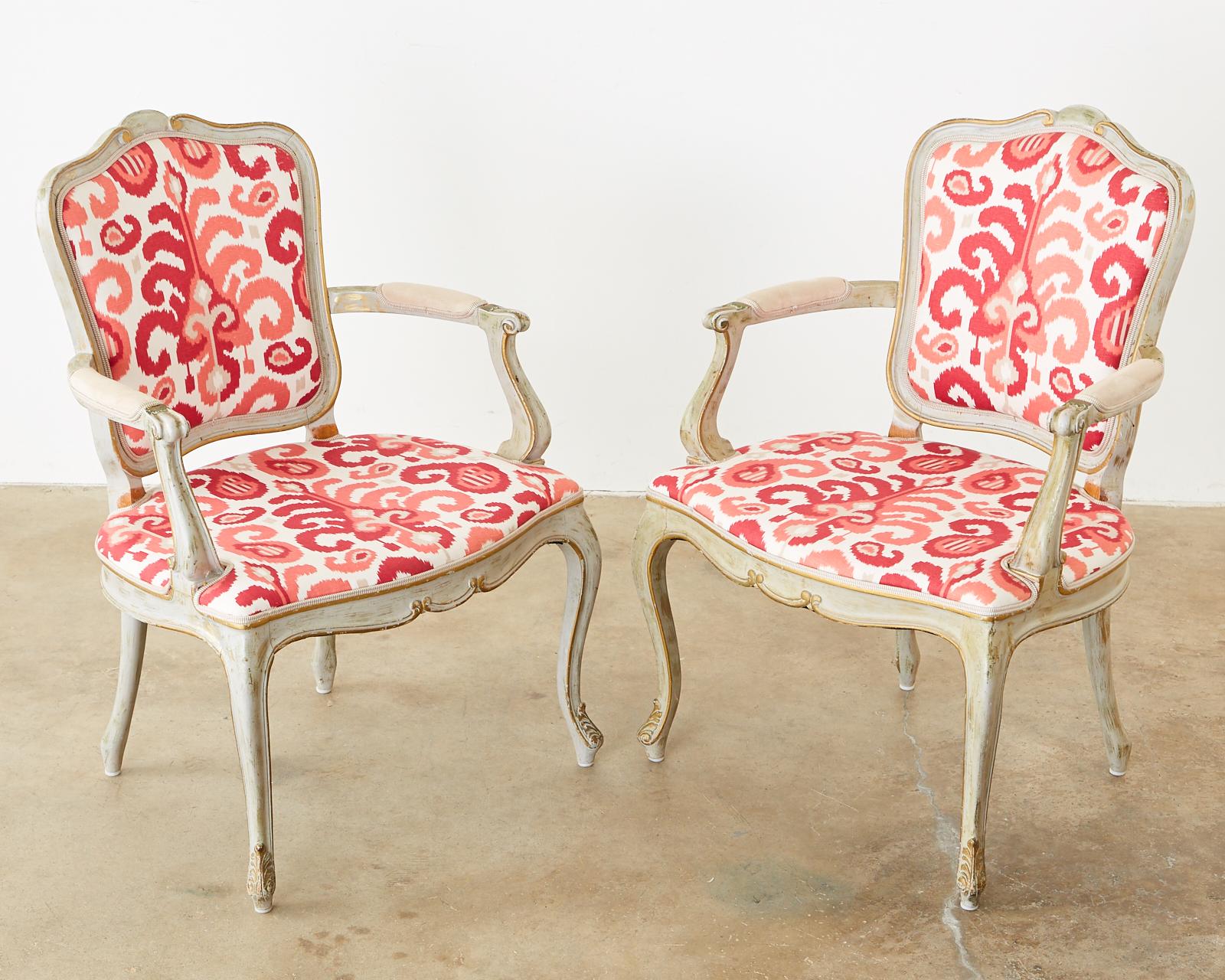 Fabric Pair of French Louis XV Style Painted Fauteuil Armchairs