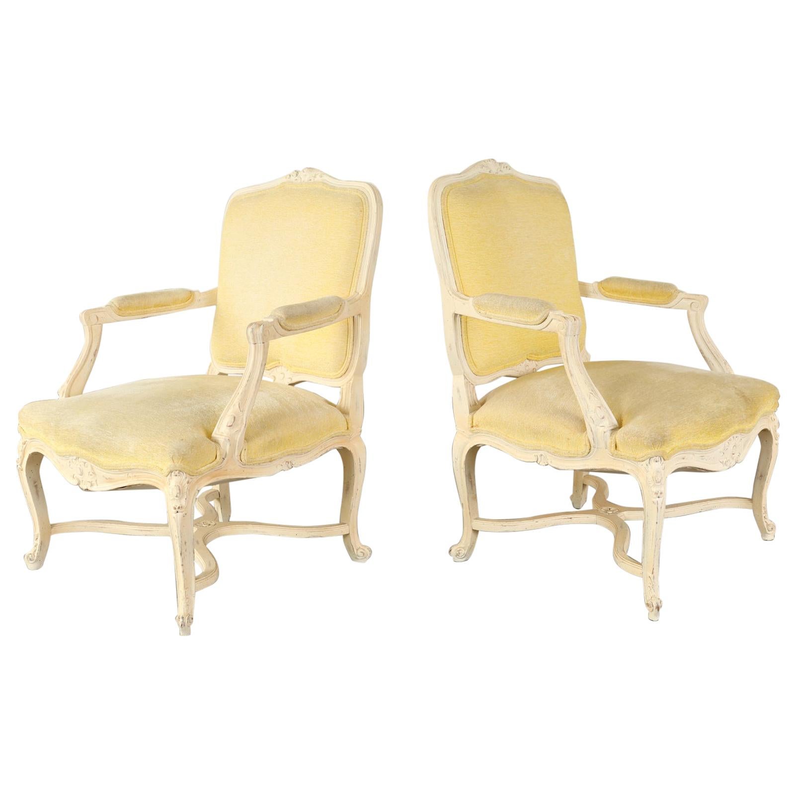 Pair of French Louis XV Style Painted Fauteuil Armchairs