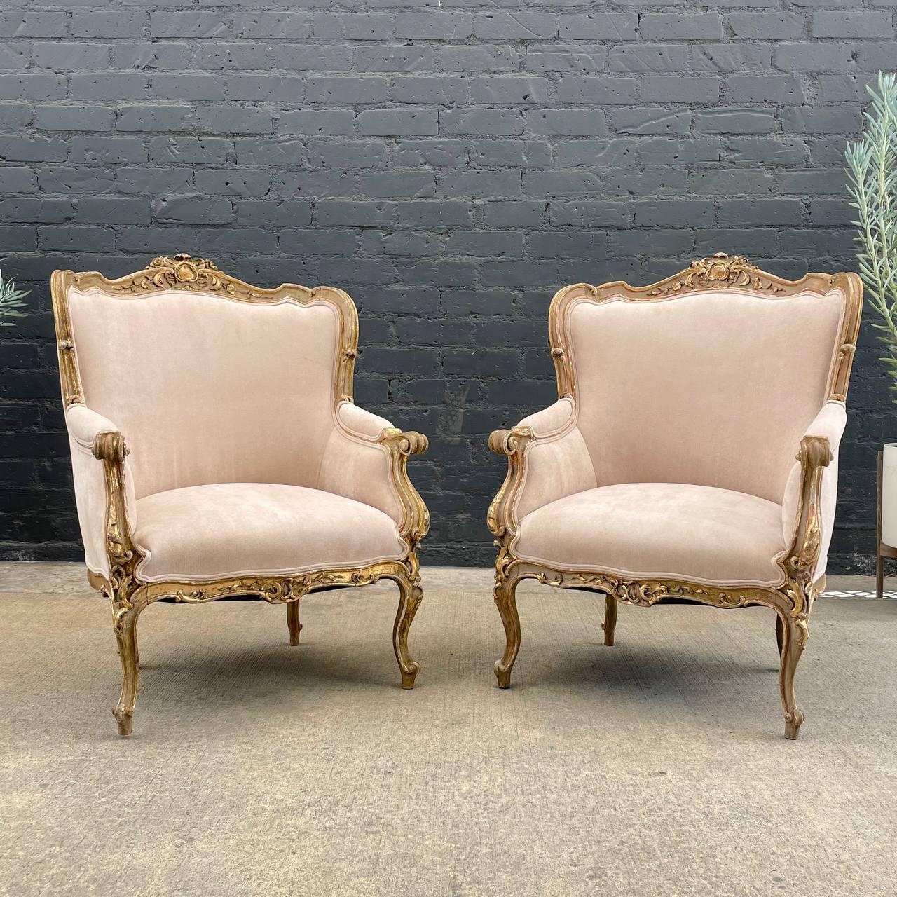 Pair of French Louis XV Style Painted & Parcel-Gilt Armchairs 

Country: France 
Materials: Gilt-wood, Velvet
Condition: Newly Reupholstered 
Style: French Louis XV
Year: 1920’s

$7,500 pair 

Dimensions:
39”H x 28”W x 28”D
Seat Height 17”